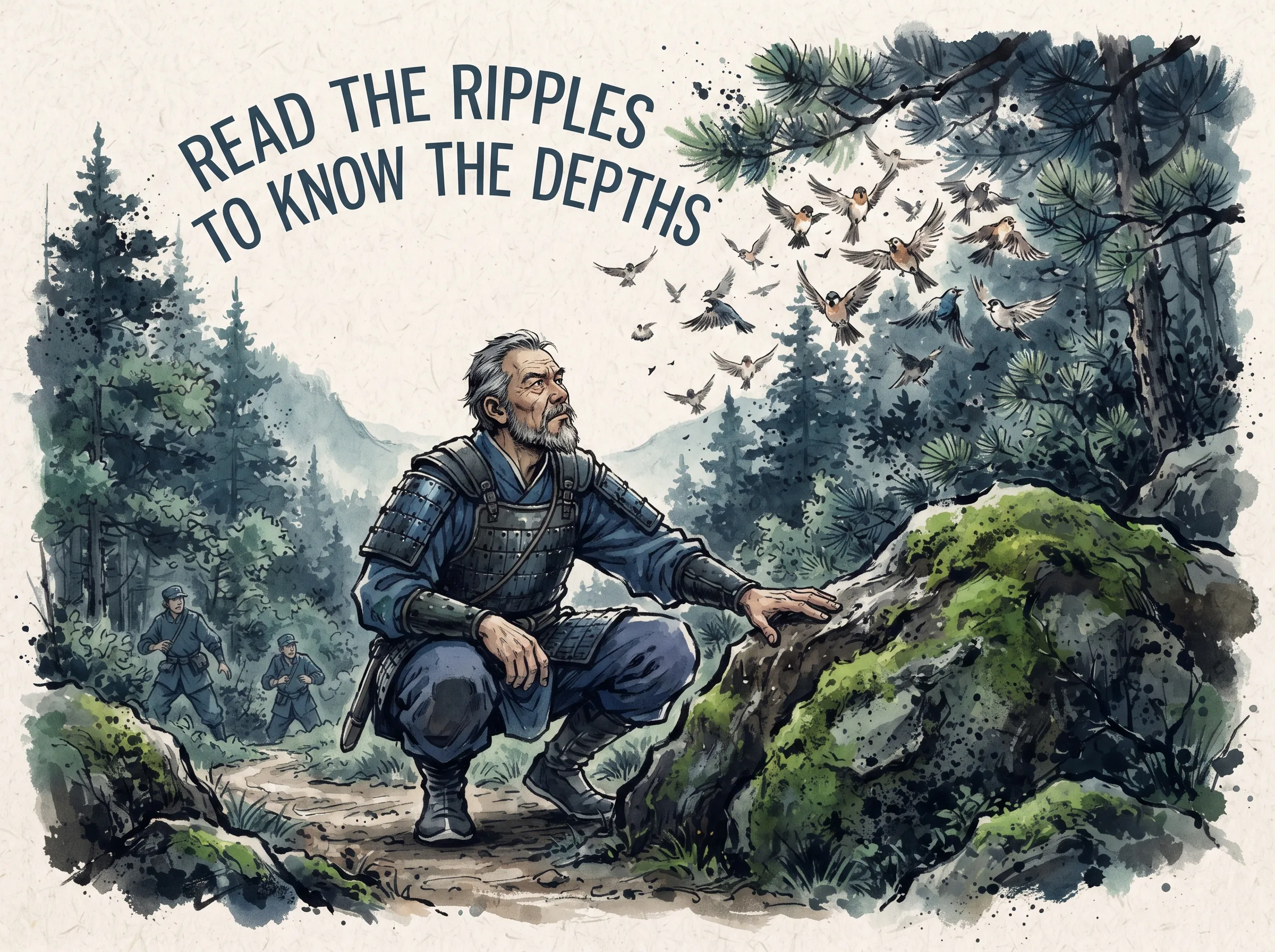 an observant veteran commander touching damp moss on a trailside rock and looking up at startled birds fluttering from an otherwise quiet pine thicket, anticipating hidden movements, deep Prussian blue army scouts and forest shadows in contemporary literati Chinese ink cartoon style with Prussian blue ink wash, sage green accents, and Xuan paper negative space, illustrating read the ripples to know the depths, embodying 认知冰山下的盲区挖掘：老将领蹲下身细心勘察战靴上的泥土湿度与林间雀鸟惊飞方向，见微知著洞察水面下的真实危机 on ChiDestiny