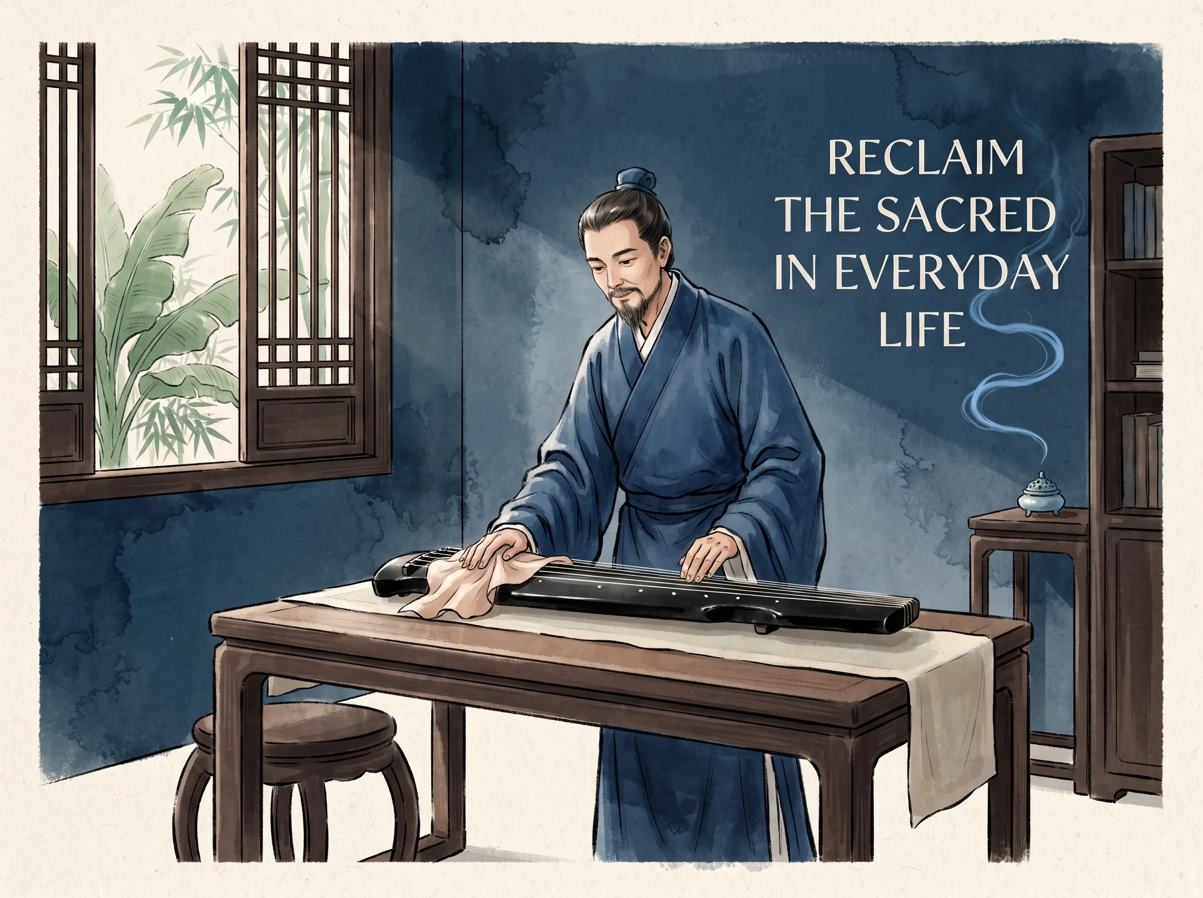 a focused scholar standing by an open wooden desk, softly wiping a black lacquer guqin with silk cloth, a thin ribbon of blue incense smoke spiraling into the tranquil room in contemporary literati Chinese ink wash in deep Prussian blue and sage green with ample Xuan paper negative space, illustrating reclaim the sacred in everyday life, embodying 文人将日常生活艺术化：拂拭琴台、温壶烹茶、研墨展纸，每一个细微举动都成为重构内心秩序的创造性艺术仪式 on ChiDestiny