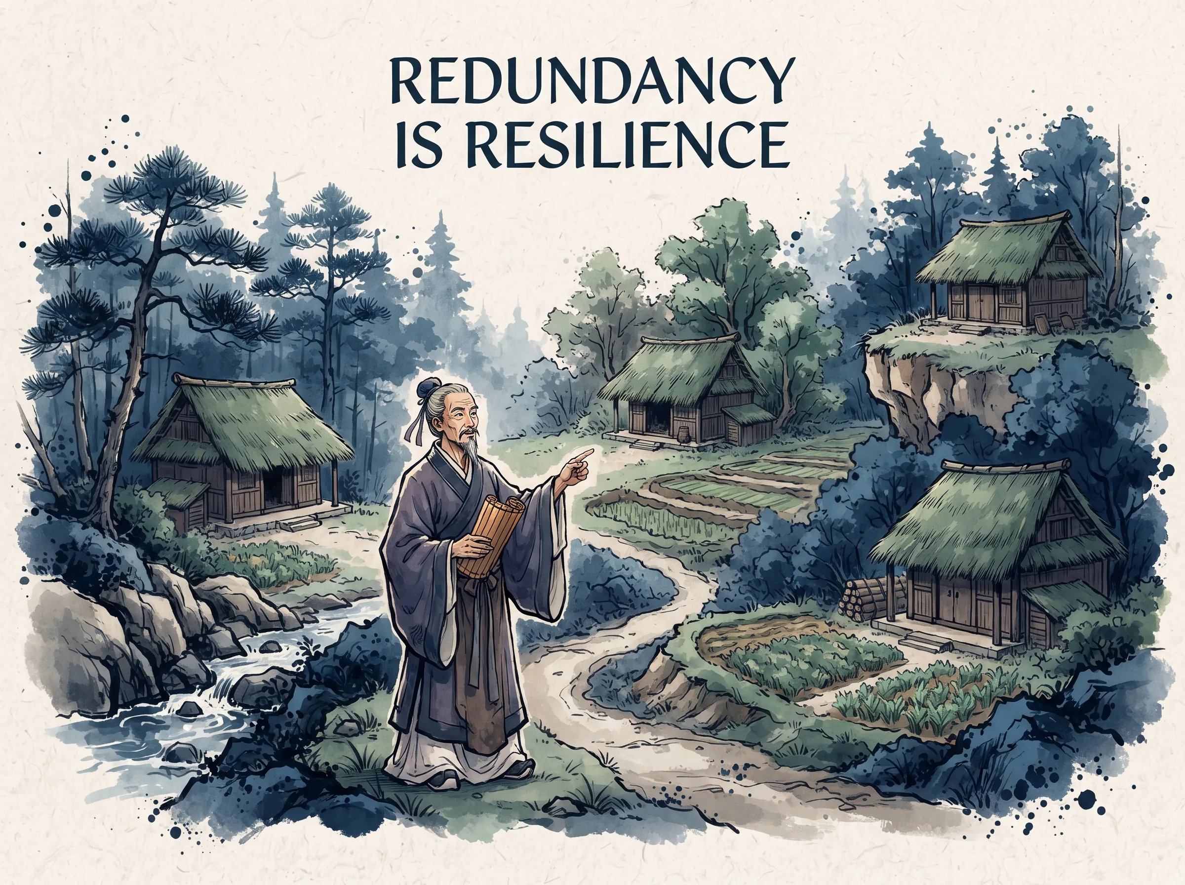 a clever ancient estate architect inspecting three modest, well-distributed granaries hidden across diverse forest pockets rather than one giant vulnerable fortress, deep Prussian blue forest terrain in contemporary literati Chinese ink cartoon style with Prussian blue ink wash, sage green accents, and Xuan paper negative space, illustrating redundancy is resilience, embodying 冗余即生命力：狡兔三窟，粮仓分设三处，不将全部鸡蛋放在一个篮子里，弹性结构抵御极端黑天鹅事件冲击 on ChiDestiny