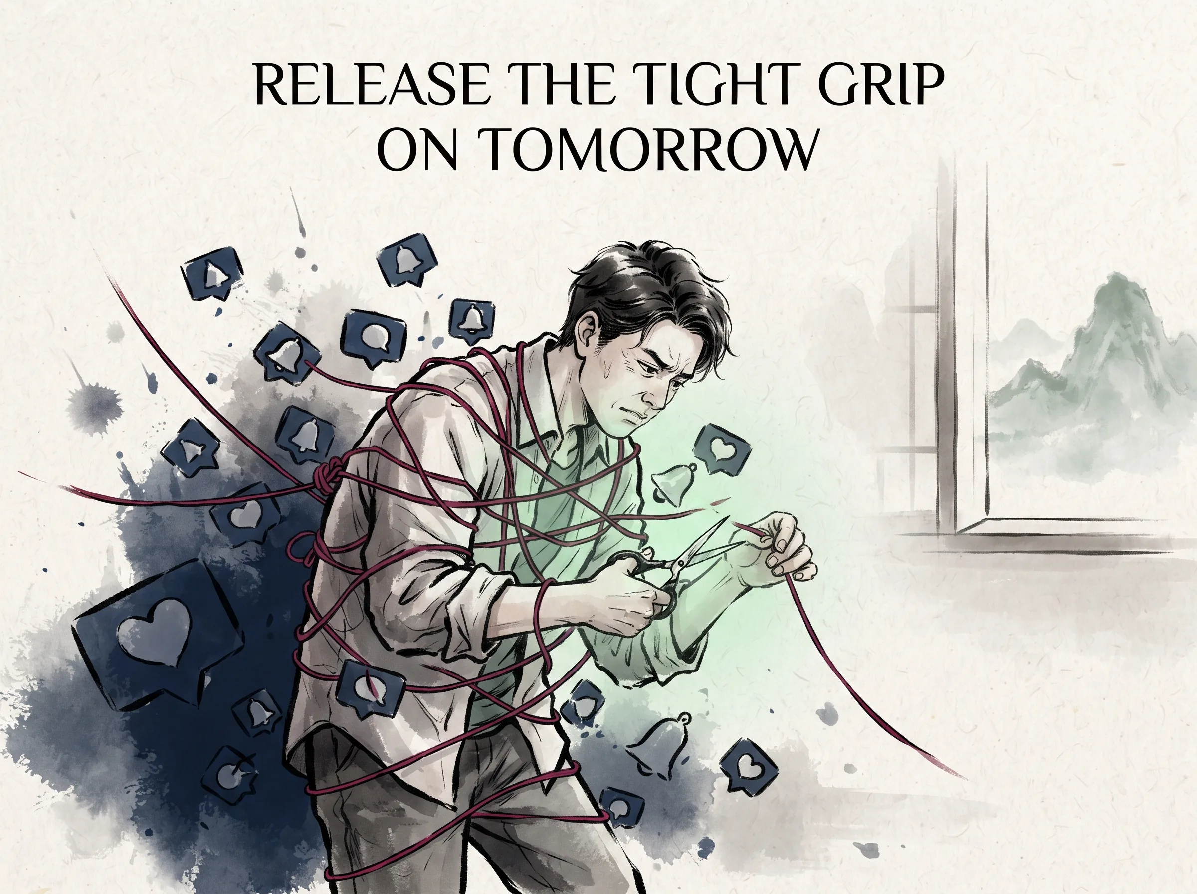 an overwhelmed figure entangled in tight, rigid red string knots and floating notification symbols, finally beginning to cut the strings with gentle resolve in contemporary literati Chinese ink wash in deep Prussian blue and sage green with ample Xuan paper negative space, illustrating release the tight grip on tomorrow, embodying 现代生活的紧绷超载与重压：被无数社会规训、KPI与期待紧紧捆绑的心灵，呼吸窒息，亟需中式'萧散'的解绑与松绑 on ChiDestiny