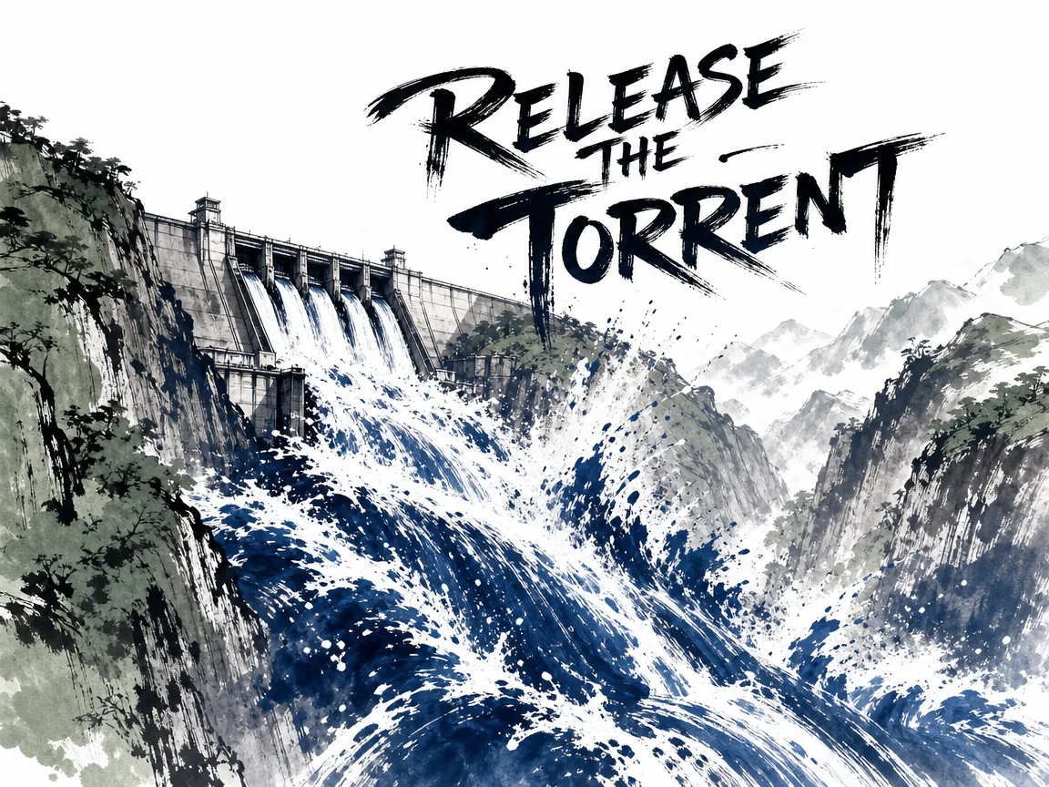 a grand reservoir dam atop a mountain crest opening suddenly, unleashing a majestic surging deluge into a deep canyon with unstoppable kinetic power, dramatic fluid Prussian blue dynamic ink splashes in contemporary literati Chinese ink cartoon style with Prussian blue ink wash, sage green accents, and Xuan paper negative space, illustrating release the torrent, embodying 峡谷水闸高筑，蓄满千寻之水；闸门猛然开启，奔腾水势若天倾地覆冲荡而下，象征势不可挡的决胜一击 on ChiDestiny