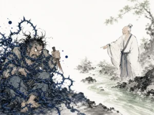 Wise elder pointing toward a clear mountain stream washing away silt while an entangled figure lets go of a rusted iron blade in instructive Zen-style ink wash contrasting painful jagged iron brambles with serene cleansing water currents, illustrating the Daoist and Confucian critique of revenge, showing that grudges poison the bearer while yielding washes wounds clean on ChiDestiny