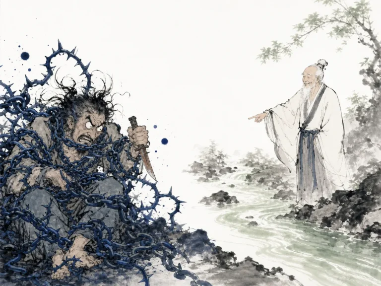 Wise elder pointing toward a clear mountain stream washing away silt while an entangled figure lets go of a rusted iron blade in instructive Zen-style ink wash contrasting painful jagged iron brambles with serene cleansing water currents, illustrating the Daoist and Confucian critique of revenge, showing that grudges poison the bearer while yielding washes wounds clean on ChiDestiny