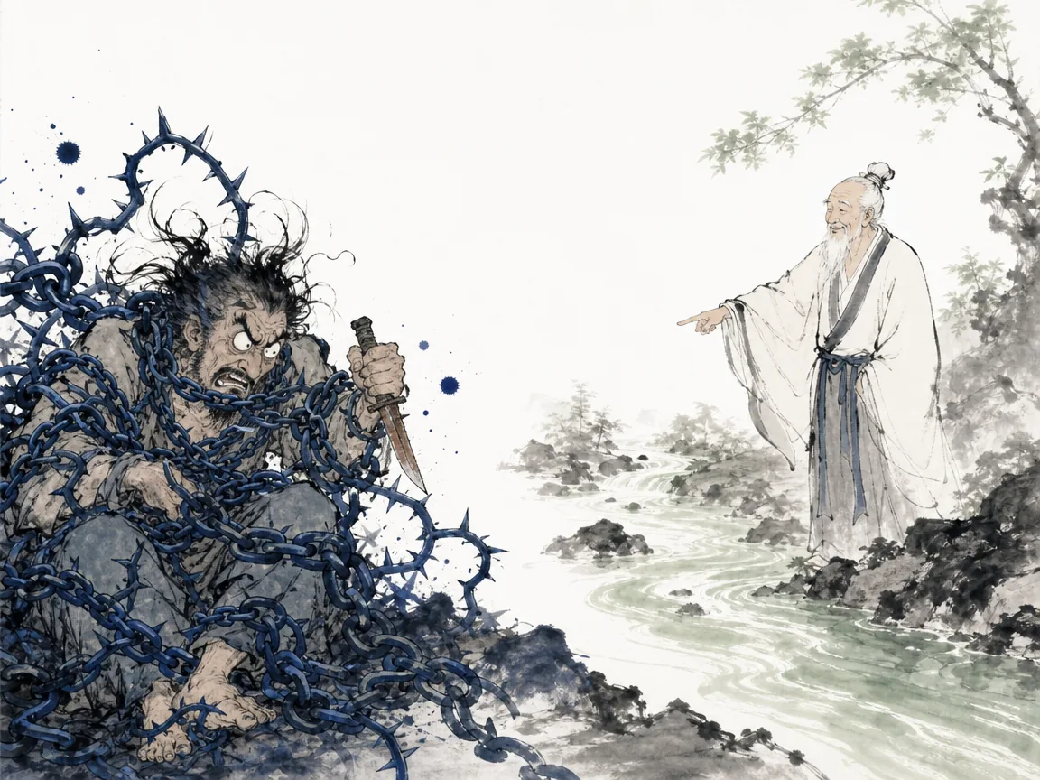 Wise elder pointing toward a clear mountain stream washing away silt while an entangled figure lets go of a rusted iron blade in instructive Zen-style ink wash contrasting painful jagged iron brambles with serene cleansing water currents, illustrating the Daoist and Confucian critique of revenge, showing that grudges poison the bearer while yielding washes wounds clean on ChiDestiny