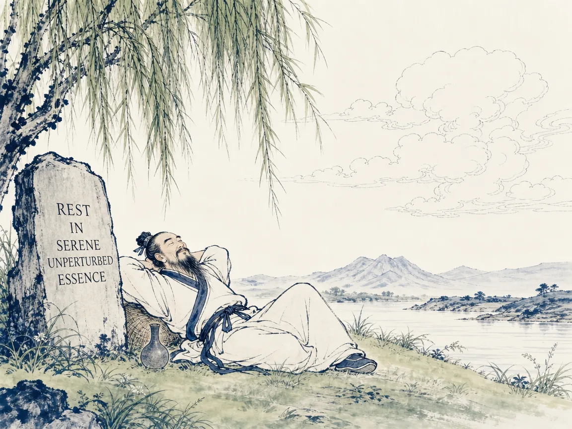 an ancient philosopher laying on a sunny grassy bank with his hands behind his head, perfectly content watching floating clouds without ambition for fame or worldly crowns, deep Prussian blue landscape contours in contemporary literati Chinese ink cartoon style with Prussian blue ink wash, sage green accents, and Xuan paper negative space, illustrating rest in serene unperturbed essence, embodying 古人处世不以物易己，得志不骄失志不忧，在无为之境中从容优游，德合天地而不求闻达 on ChiDestiny