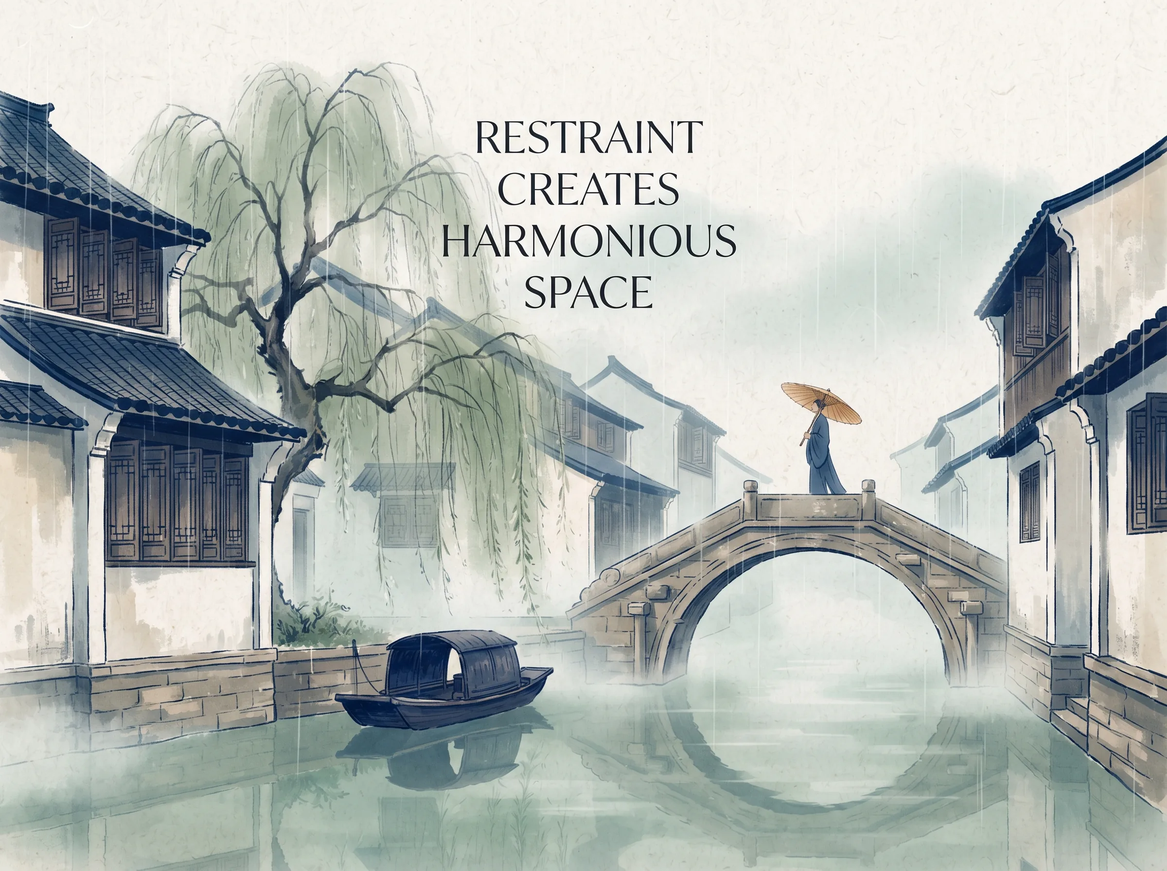 classic tranquil Jiangnan canal town with whitewashed plaster walls, grey slate-tiled roofs, elegant wooden lattice shutters in contemporary literati Chinese ink wash in deep Prussian blue and sage green with ample Xuan paper negative space, illustrating restraint creates harmonious space, embodying 中式传统江南水乡与街巷的克制之美：粉墙黛瓦、素雅木栅、青石板路在细雨中泛着清光，建筑退居背景，为人与自然留出呼吸的体面 on ChiDestiny