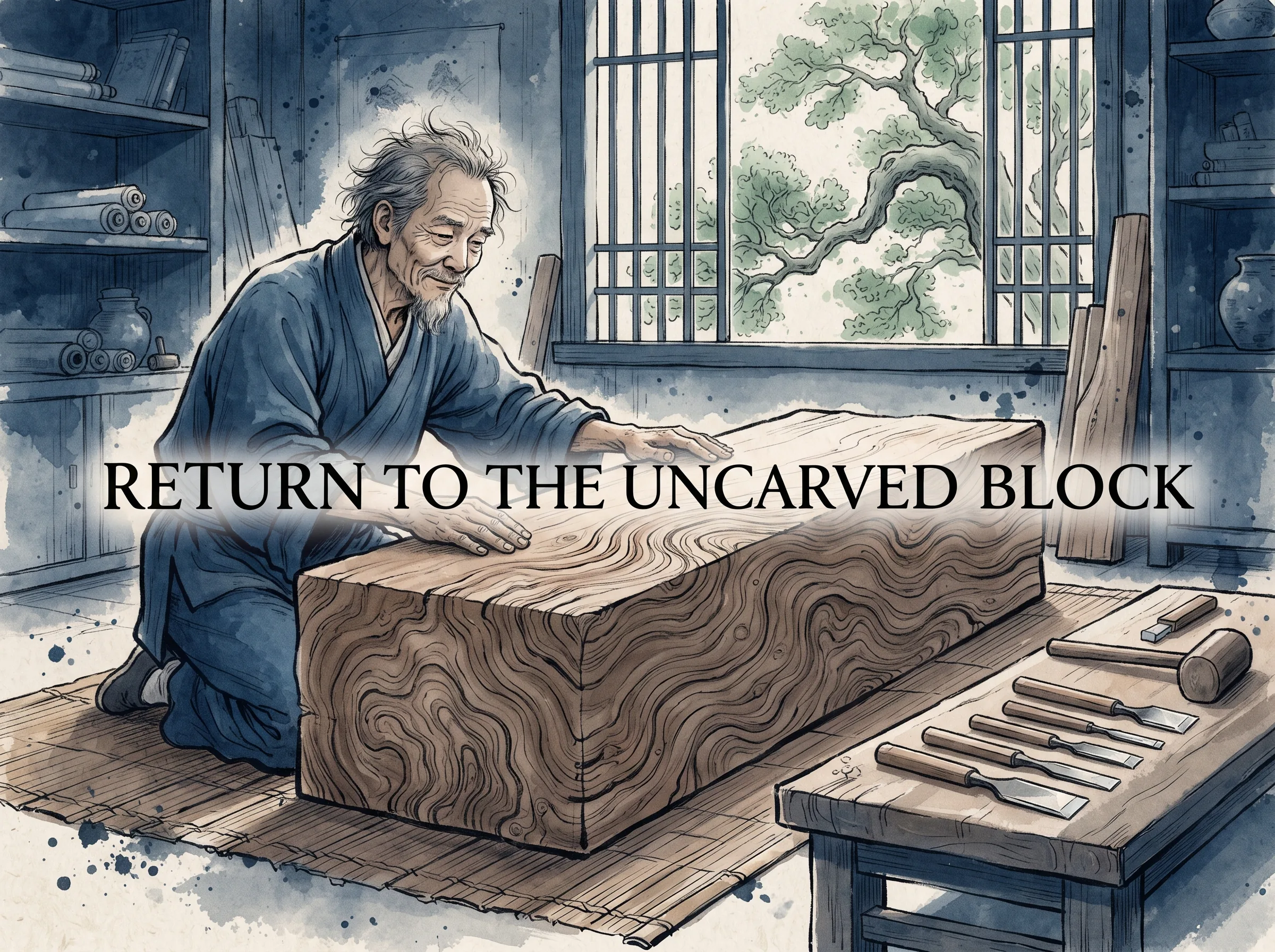 an artisan resting both hands gently on a large raw timber block whose rich natural grain patterns flow like mountain rivers, declining sharp chisels on the side bench to honor the wood's innate integrity, deep Prussian blue workshop tones and robe in contemporary literati Chinese ink wash in deep Prussian blue and sage green with ample Xuan paper negative space, illustrating return to the uncarved block, embodying 老子'见素抱朴'（The Uncarved Block）：一块未经人工斧凿雕琢的天然原木，保留着原始木纹与大地温度，纯真素朴胜过一切繁复机巧 on ChiDestiny