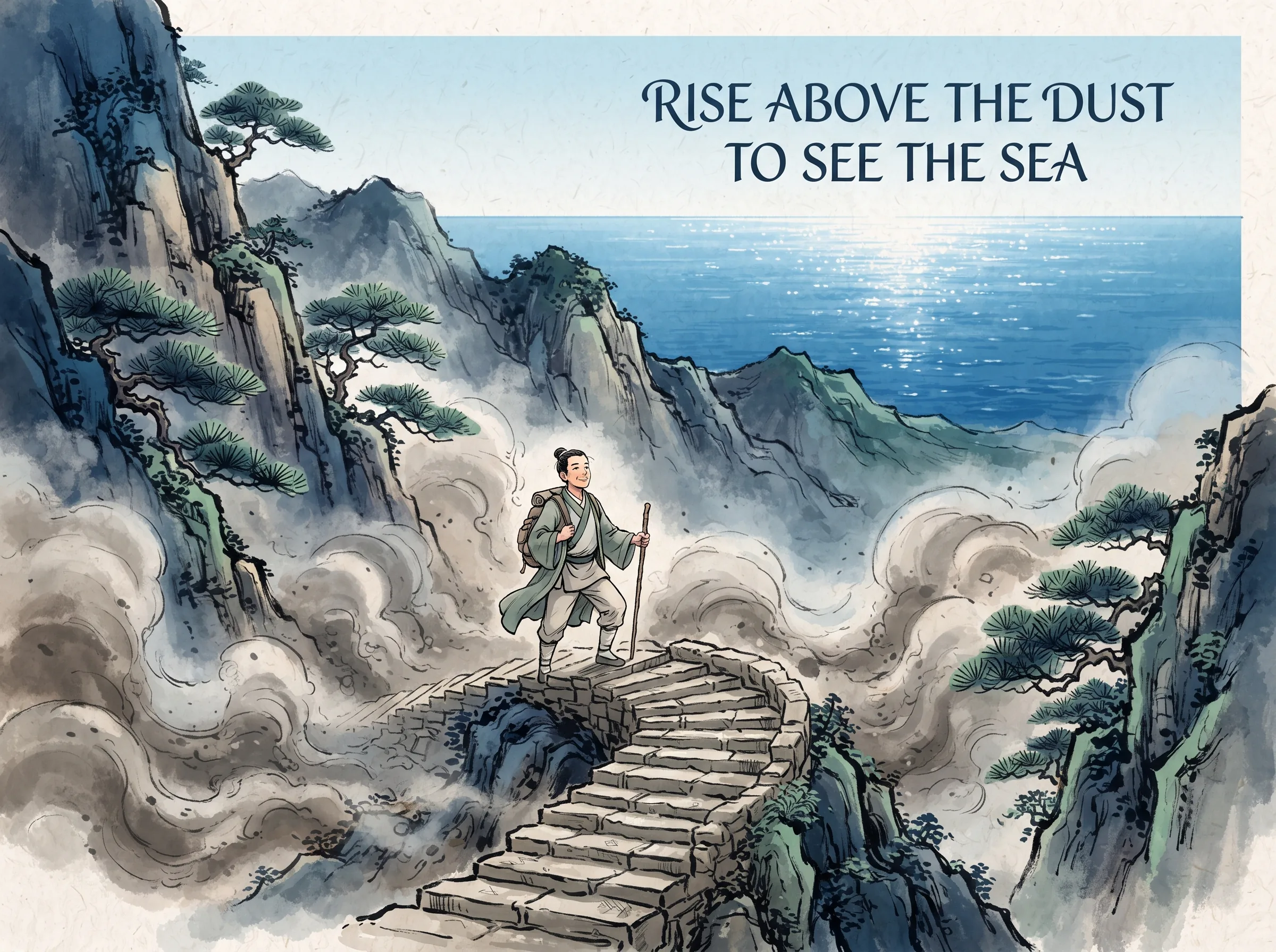 an enlightened modern traveler ascending high stone mountain steps above thick swirling dust storms, breathing fresh air and looking out at the endless shimmering blue ocean in the distance, deep Prussian blue ocean horizon and mountain shadows in contemporary literati Chinese ink cartoon style with Prussian blue ink wash, sage green accents, and Xuan paper negative space, illustrating rise above the dust to see the sea, embodying 升维解决冲突：退出情绪对抗的口角战场，站在宏观人生航向与终极价值的高度重新审视，纷争自然烟消云散 on ChiDestiny