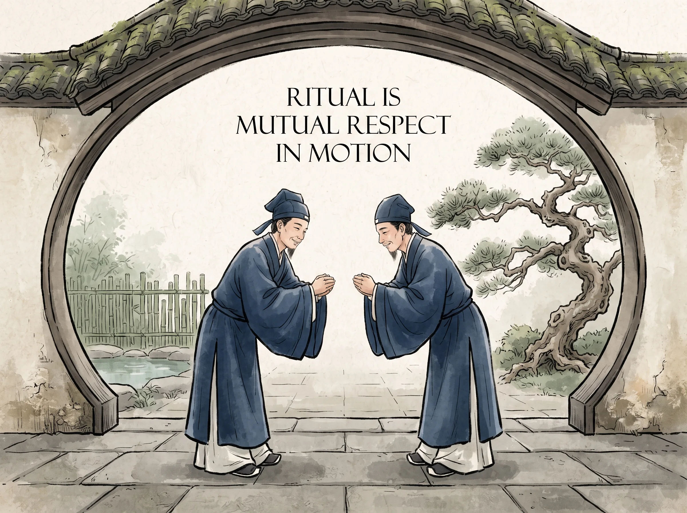 two traditional scholars bowing gracefully to each other with clasped hands under an arched courtyard gateway, their posture dignified yet completely relaxed and warm, expressing boundaries filled with genuine affection in contemporary literati Chinese ink wash in deep Prussian blue and sage green with ample Xuan paper negative space, illustrating ritual is mutual respect in motion, embodying 儒家'礼'并非僵死枷锁：两位长衫君子在庭院相遇拱手致意，眼神清澈而尊重，彼此保留舒适界限，在秩序中传递人情体温 on ChiDestiny