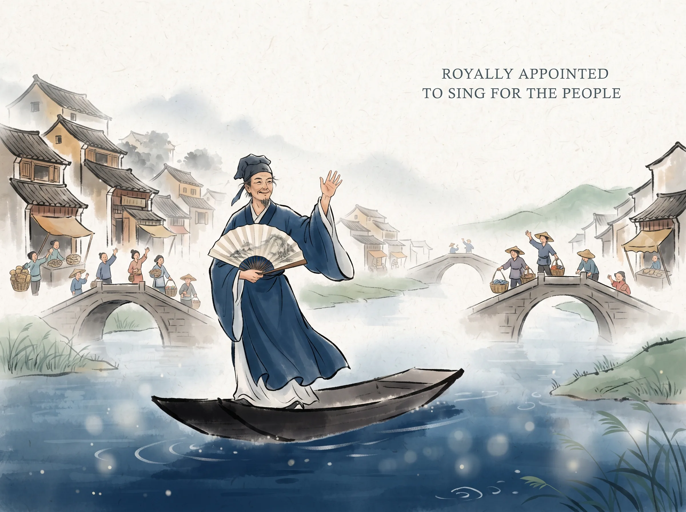 a bohemian poet standing at the bow of a light skiff with an open paper fan, drifting past misty river towns where common folk and market dwellers greet him warmly from stone bridges, deep Prussian blue river waters and silhouette boat in contemporary literati Chinese ink wash in deep Prussian blue and sage green with ample Xuan paper negative space, illustrating royally appointed to sing for the people, embodying 柳永泰然自若地自嘲'奉旨填词柳三变'，手持折扇泛舟江湖，被天下黎民深情铭记，胜过金殿高官万千 on ChiDestiny