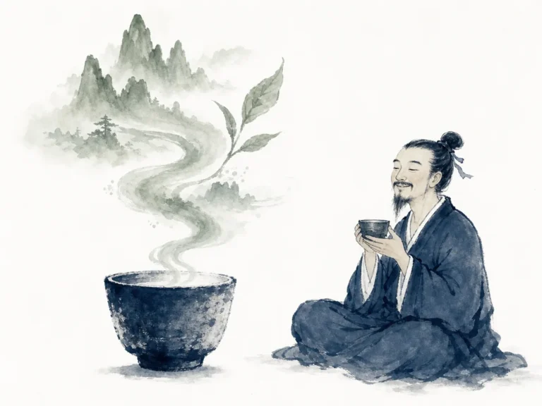 Minimalist coarse-clay teacup painted in deep Prussian blue with fragrant steam rising into a miniature mountain ridge beside a smiling cross-legged scholar in contemporary literati Chinese ink cartoon style with generous negative space and sage green tea accents, illustrating mindful presence in a single tea leaf, discovering expansive serenity within humble daily rituals on ChiDestiny