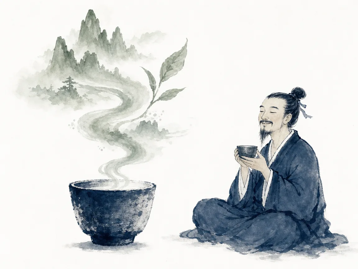 Minimalist coarse-clay teacup painted in deep Prussian blue with fragrant steam rising into a miniature mountain ridge beside a smiling cross-legged scholar in contemporary literati Chinese ink cartoon style with generous negative space and sage green tea accents, illustrating mindful presence in a single tea leaf, discovering expansive serenity within humble daily rituals on ChiDestiny