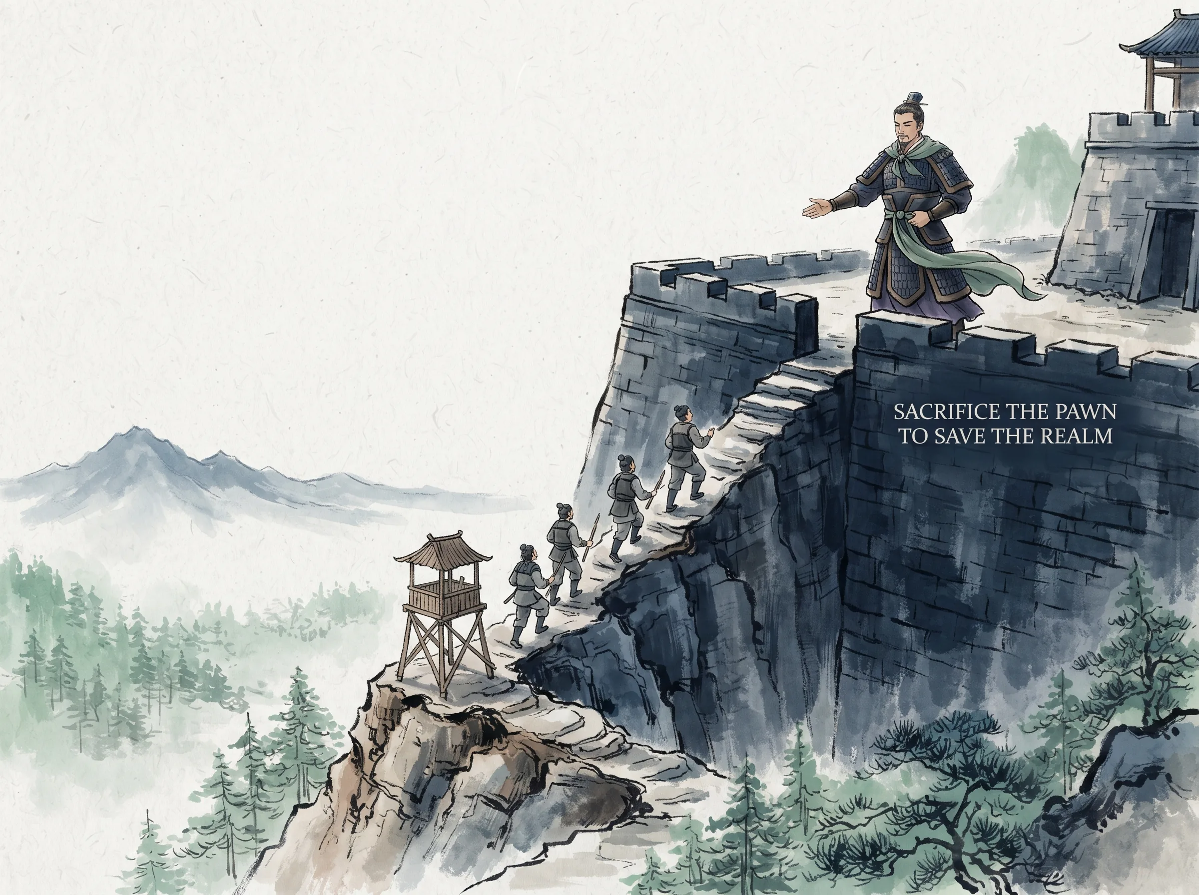 a resolute general calmly ordering his scouts to withdraw from a fragile wooden watchtower into the high fortified stone mountain pass, preserving forces for the decisive turning point, deep Prussian blue mountain fortress walls in contemporary literati Chinese ink cartoon style with Prussian blue ink wash, sage green accents, and Xuan paper negative space, illustrating sacrifice the pawn to save the realm, embodying 全局视野的断舍离：为了整支大军的战略胜利，主动放弃无险可守的哨所，收缩兵力于核心关隘，不为面子牺牲生命 on ChiDestiny