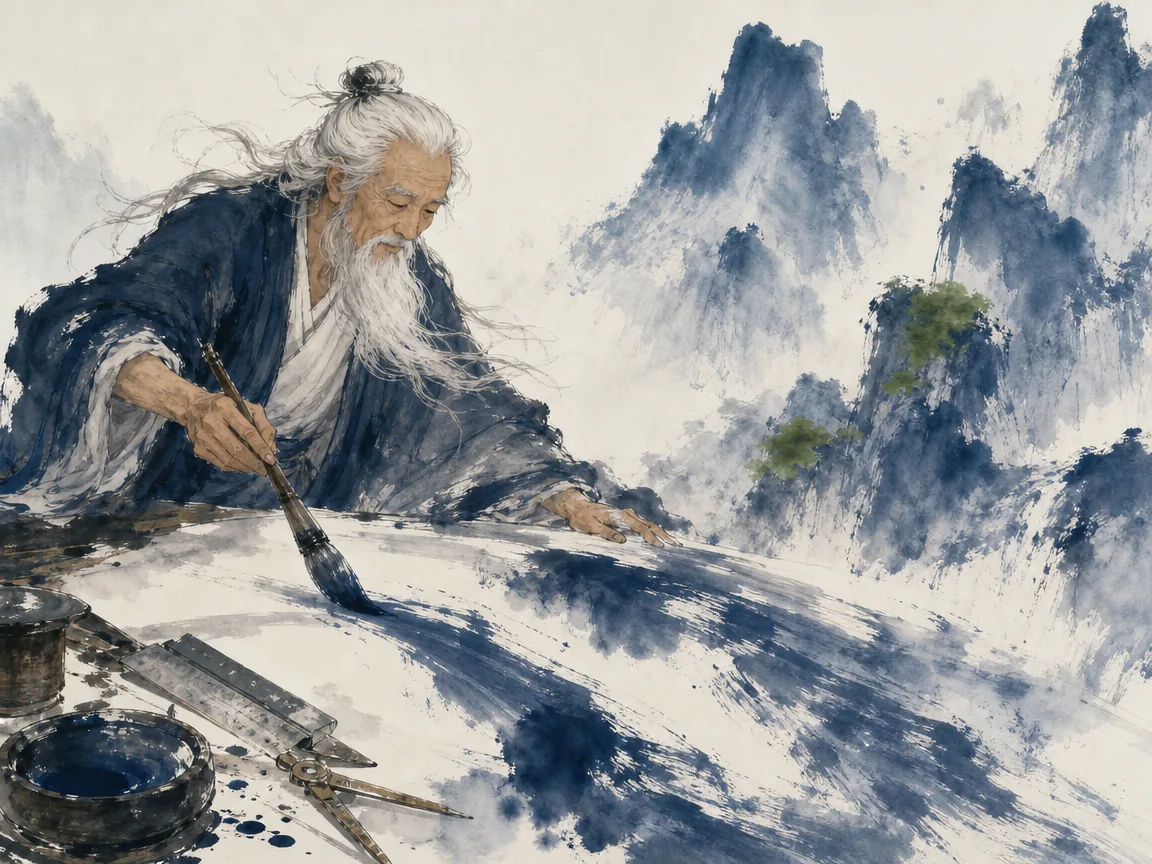 Artist brushing fluid mountain contours onto an expansive paper scroll using scattered perspective in expressive painter-at-work scene with sweeping horizontal scroll and calligraphic mountain washes, illustrating abandoning optical realism in favor of roaming scattered perspective (San Dian Tou Shi) and inner spirit on ChiDestiny