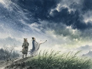 Farmer and scholar walking side-by-side along a verdant wheat ridge welcoming fresh spring raindrops onto open poem scrolls in harmonious agrarian landscape wash blending rolling weather brushwork with vibrant green wheat shoots, illustrating how climatic rhythms and agricultural seasons shaped the emotional cadence of Chinese literature on ChiDestiny