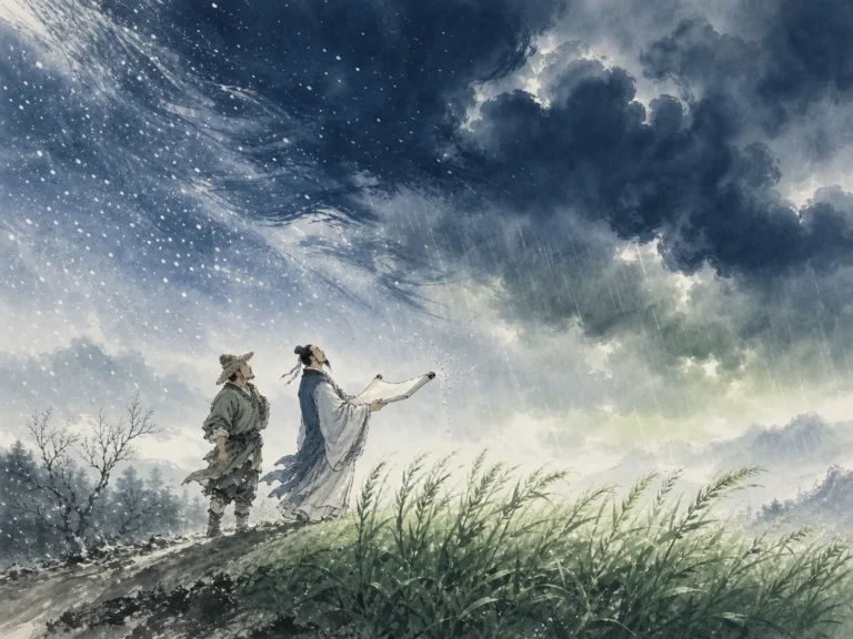 Farmer and scholar walking side-by-side along a verdant wheat ridge welcoming fresh spring raindrops onto open poem scrolls in harmonious agrarian landscape wash blending rolling weather brushwork with vibrant green wheat shoots, illustrating how climatic rhythms and agricultural seasons shaped the emotional cadence of Chinese literature on ChiDestiny