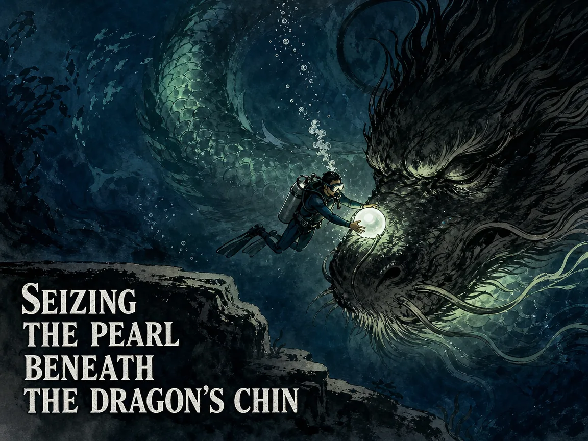 thrilling mythic tension, an adventurous diver carefully plucking a colossal glowing pearl nestled directly beneath the sharp whiskers of a slumbering immense black dragon coiled at the bottom of an ink abyss, rich Prussian blue oceanic shadows in contemporary literati Chinese ink cartoon style with Prussian blue ink wash, sage green accents, and Xuan paper negative space, illustrating seizing the pearl beneath the dragon's chin, embodying 探骊得珠：千金之珠必在九重深渊之底黑龙颔下，乘其熟睡方可盗得；待其惊醒则必遭粉碎，比喻权谋险局伴君如伴虎 on ChiDestiny