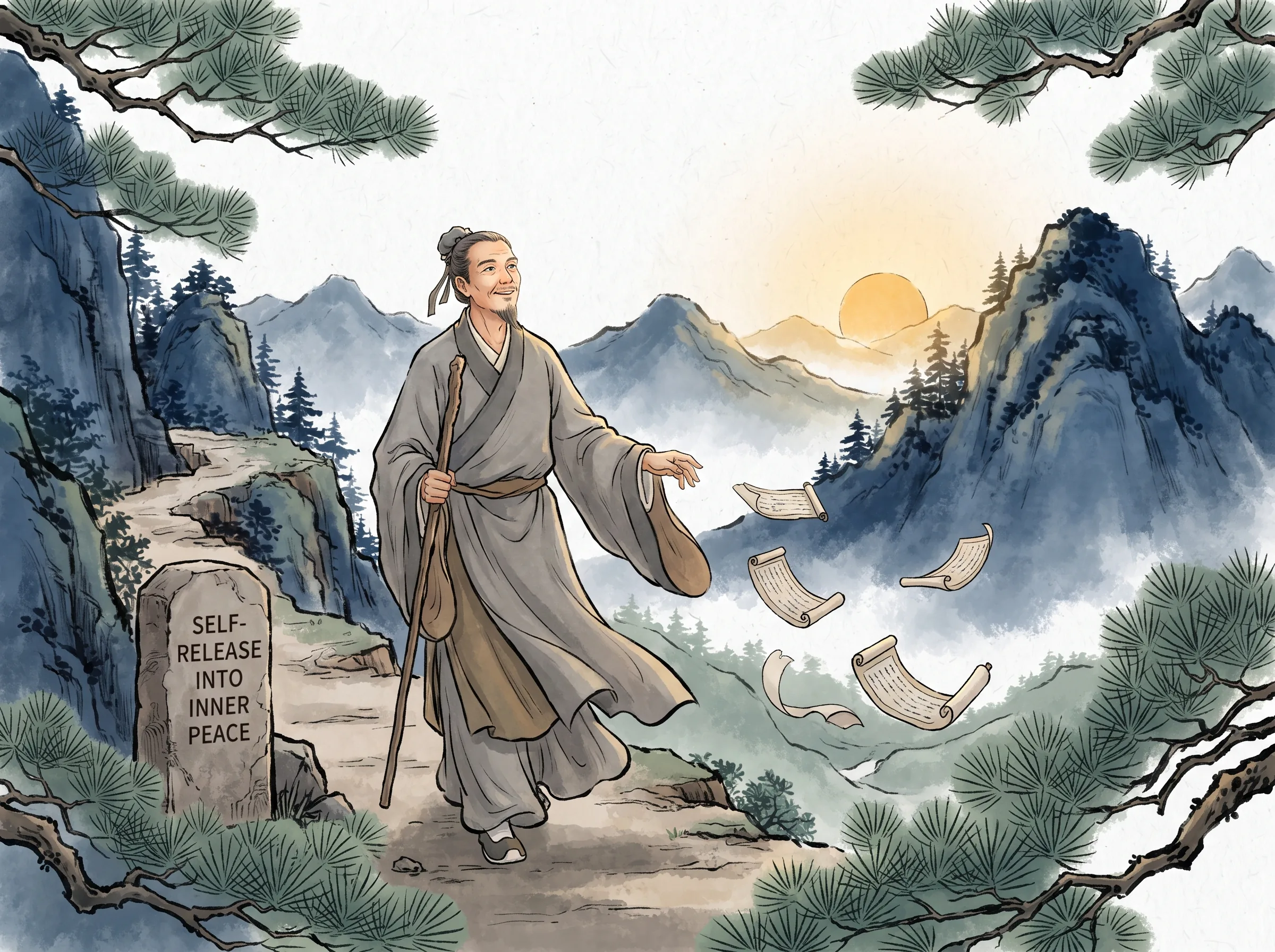 an older mature Du Mu walking peacefully along a secluded mountain path in simple hermit robes, smiling as he tosses away old vanity scrolls, turning his face toward a warm morning sun rising over pine-clad peaks in contemporary literati Chinese ink wash in deep Prussian blue and sage green with ample Xuan paper negative space, illustrating self-release into inner peace, embodying 晚年杜牧隐居樊川山舍，竹杖芒鞋看山观云，放下对声色与功名的双重执念，在道家顺其自然中达成心灵的深层和解 on ChiDestiny