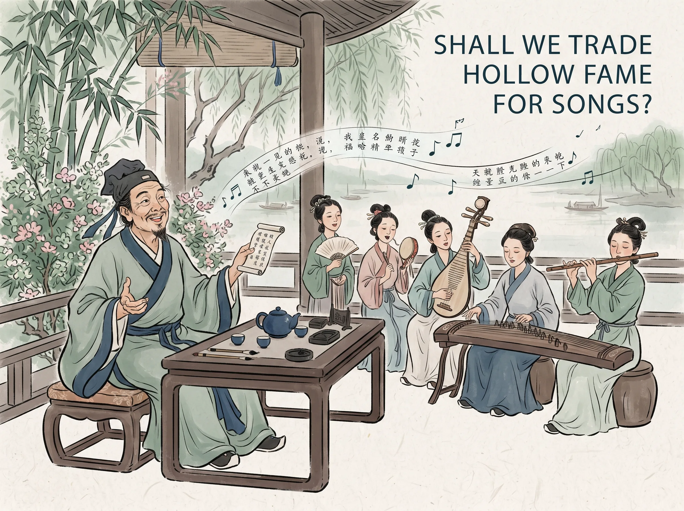an eccentric Song Dynasty lyricist sitting comfortably beside a wooden tea table with musicians and singers tuning strings in a cozy waterfront salon, musical notes and flowing verses fluttering like gentle river breeze, deep Prussian blue tea set and ink stones in contemporary literati Chinese ink wash in deep Prussian blue and sage green with ample Xuan paper negative space, illustrating shall we trade hollow fame for songs?, embodying 柳永与民间乐伎在清雅茶室与琴案前抚琴填词，将鹤冲天化为唱遍江南街巷的世俗乐章，凡有井水饮处皆能歌柳词 on ChiDestiny