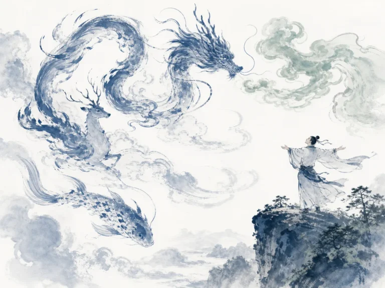 Ethereal Eastern dragon looping gracefully through misty clouds in cursive brushstrokes beside a joyful scholar on a cliff in contemporary literati Chinese ink wash with flying Prussian blue cursive strokes and sage green vital clouds, illustrating the Yijing dragon philosophy of adaptable transformation without losing inner moral essence on ChiDestiny