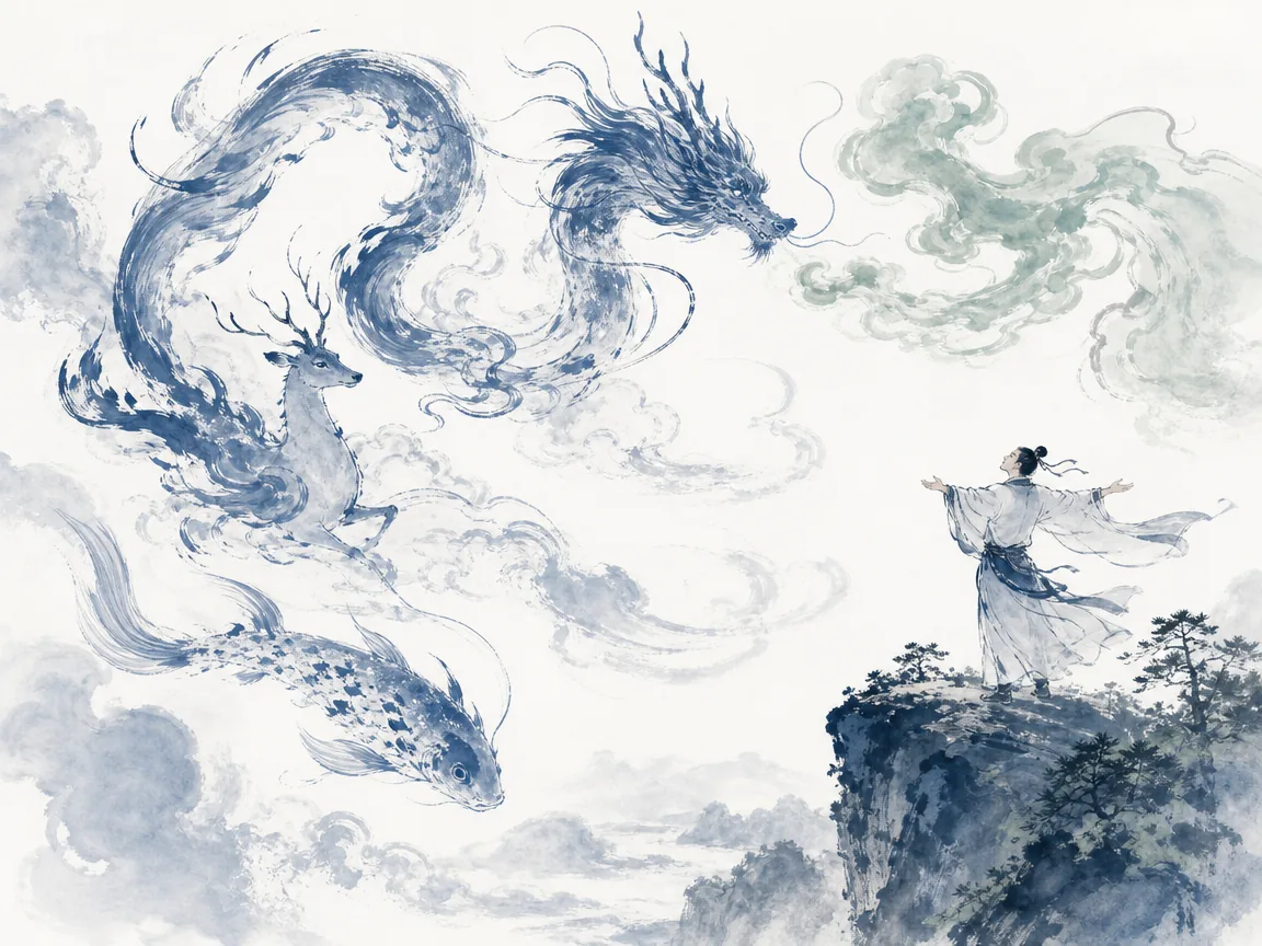 Ethereal Eastern dragon looping gracefully through misty clouds in cursive brushstrokes beside a joyful scholar on a cliff in contemporary literati Chinese ink wash with flying Prussian blue cursive strokes and sage green vital clouds, illustrating the Yijing dragon philosophy of adaptable transformation without losing inner moral essence on ChiDestiny