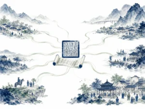 Classic square seal and inscribed bamboo scroll radiating delicate ink threads connecting distant mountain villages and ferries in minimalist cartographic ink wash with elegant radiating ink filaments and ancient seal impressions, illustrating the centripetal civilizational glue forged by shared ideographic script and moral architecture across millennia on ChiDestiny