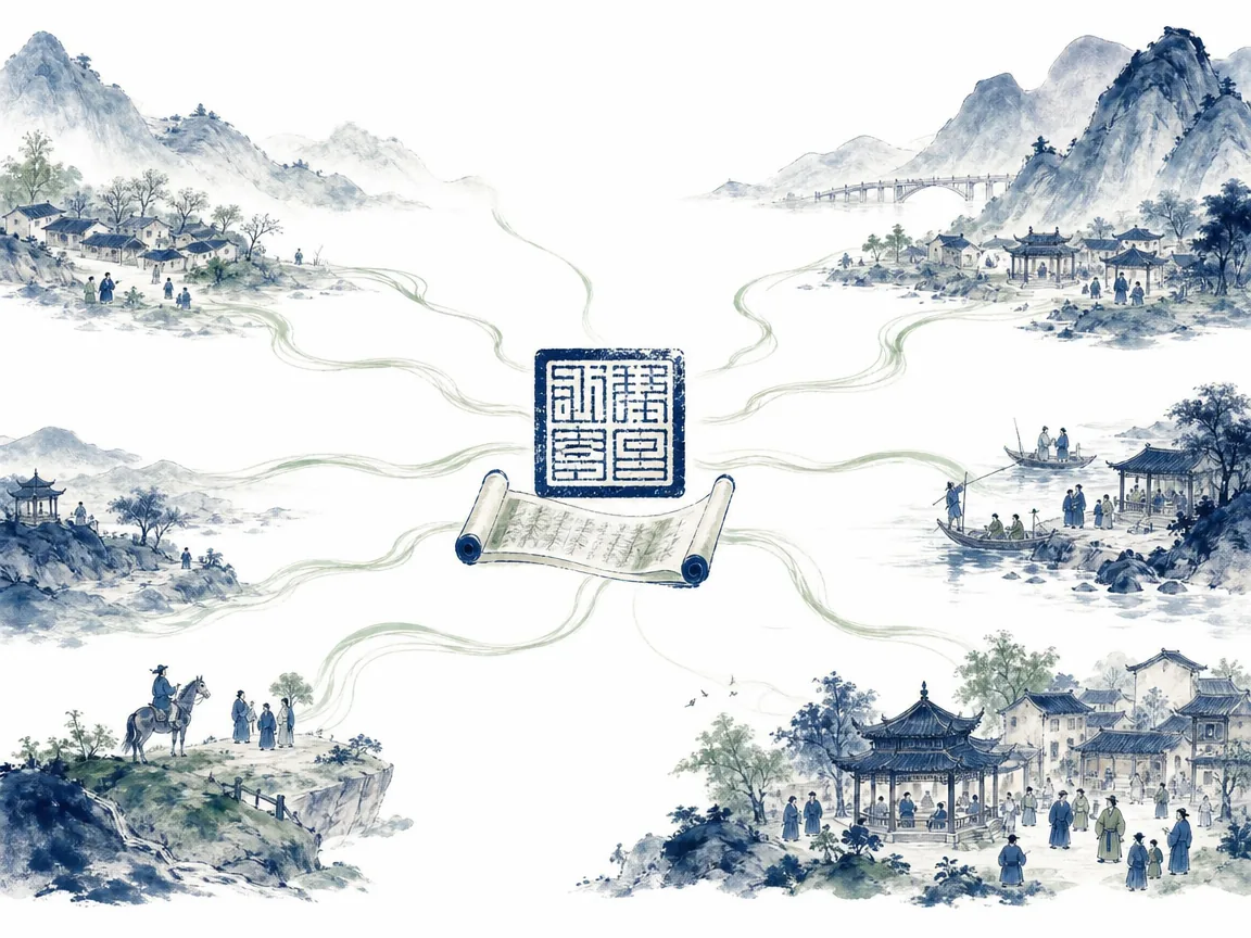 Classic square seal and inscribed bamboo scroll radiating delicate ink threads connecting distant mountain villages and ferries in minimalist cartographic ink wash with elegant radiating ink filaments and ancient seal impressions, illustrating the centripetal civilizational glue forged by shared ideographic script and moral architecture across millennia on ChiDestiny
