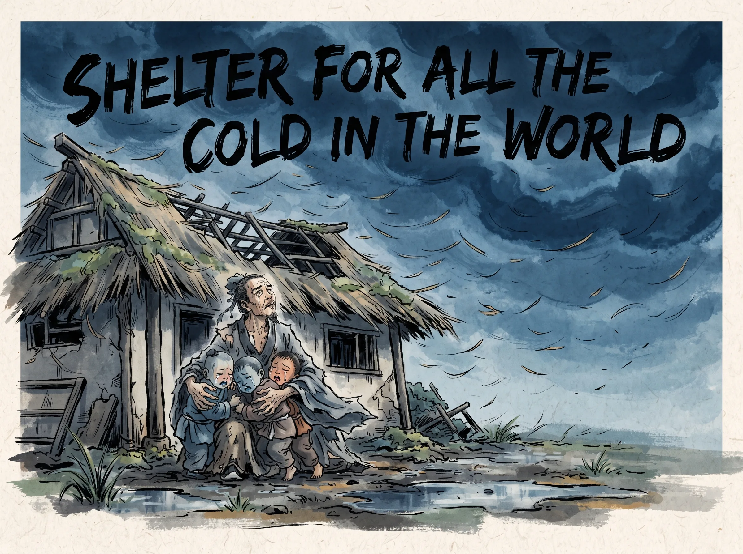 famous scene of the thatched cottage in autumn gale, thatched roof straws flying across dark stormy skies while elderly poet Du Fu wraps his frail arms around cold crying children, looking up to heaven with eyes full of supreme cosmic compassion in contemporary literati Chinese ink wash in deep Prussian blue and sage green with ample Xuan paper negative space, illustrating shelter for all the cold in the world, embodying '安得广厦千万间，大庇天下寒士俱欢颜'：秋风吹破成都草堂茅屋，杜甫在暴雨浸湿的漏床前，心中所挂念的竟是普天下所有受冻的寒士 on ChiDestiny