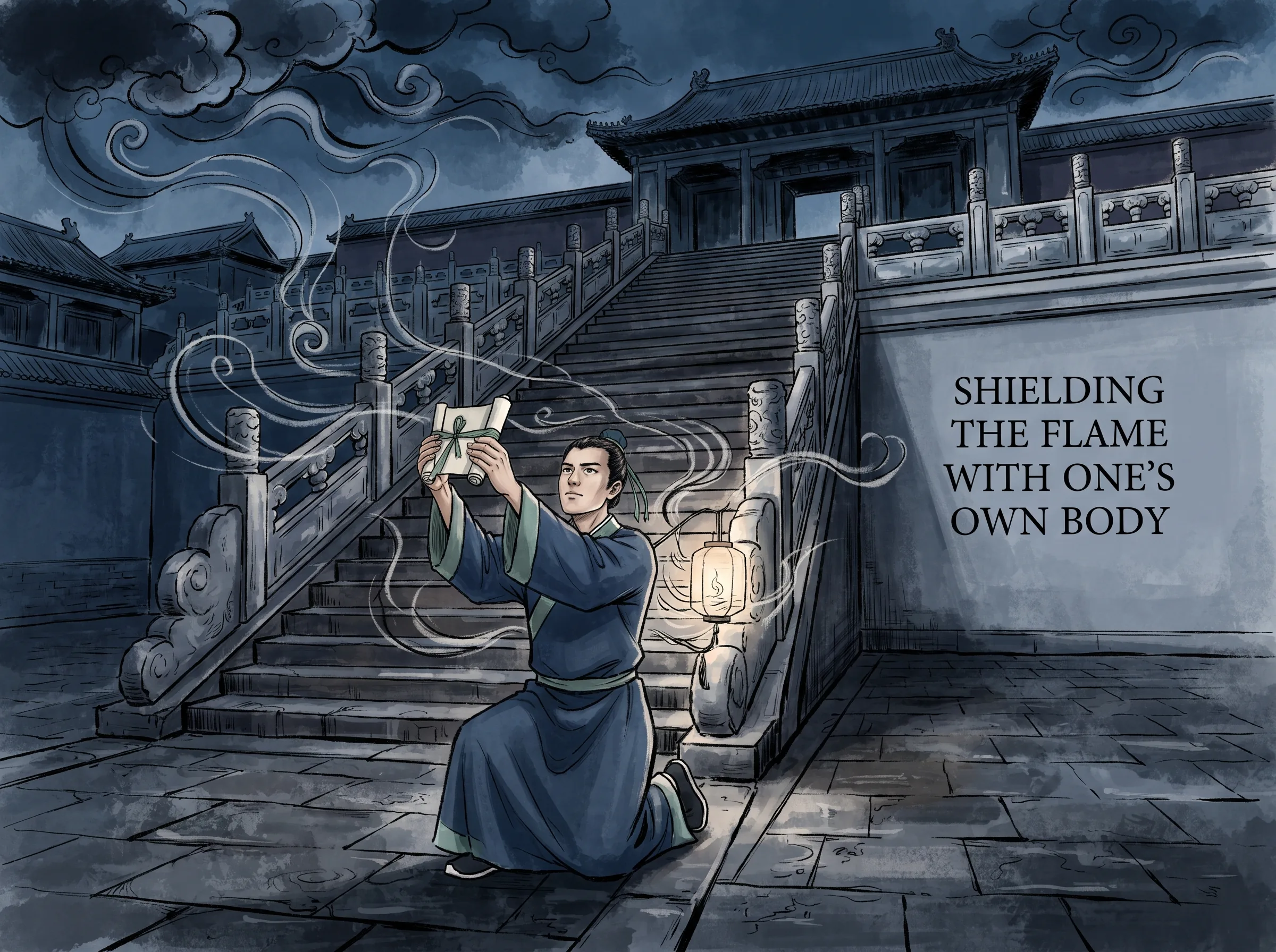 a resolute younger brother kneeling firmly before high stone imperial stairs holding up a solemn petition scroll with both hands, shielding a delicate flickering lantern behind him against howling political winds, deep Prussian blue court architecture and stormy clouds in contemporary literati Chinese ink wash in deep Prussian blue and sage green with ample Xuan paper negative space, illustrating shielding the flame with one's own body, embodying 当苏轼深陷死牢风暴中，苏辙冒死向神宗上书为兄乞免表，甘愿削去一切官爵替兄赎罪，做兄长最稳固的避风磐石 on ChiDestiny