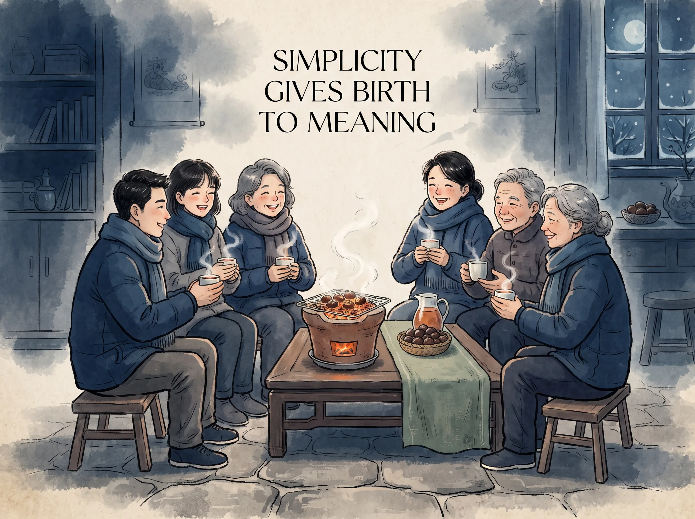 a warm intimate domestic gathering where friends and family sit happily around a small clay charcoal brazier roasting sweet chestnuts and sipping hot cider on a chilly evening, deep Prussian blue shadows and winter coats, glowing orange embers in contemporary literati Chinese ink wash in deep Prussian blue and sage green with ample Xuan paper negative space, illustrating simplicity gives birth to meaning, embodying 大道至简的仪式智慧：不靠昂贵繁文缛节，家人围坐红泥小炉前剥烤栗子谈笑风生，简单纯粹的仪式感赋予岁月长久温情 on ChiDestiny