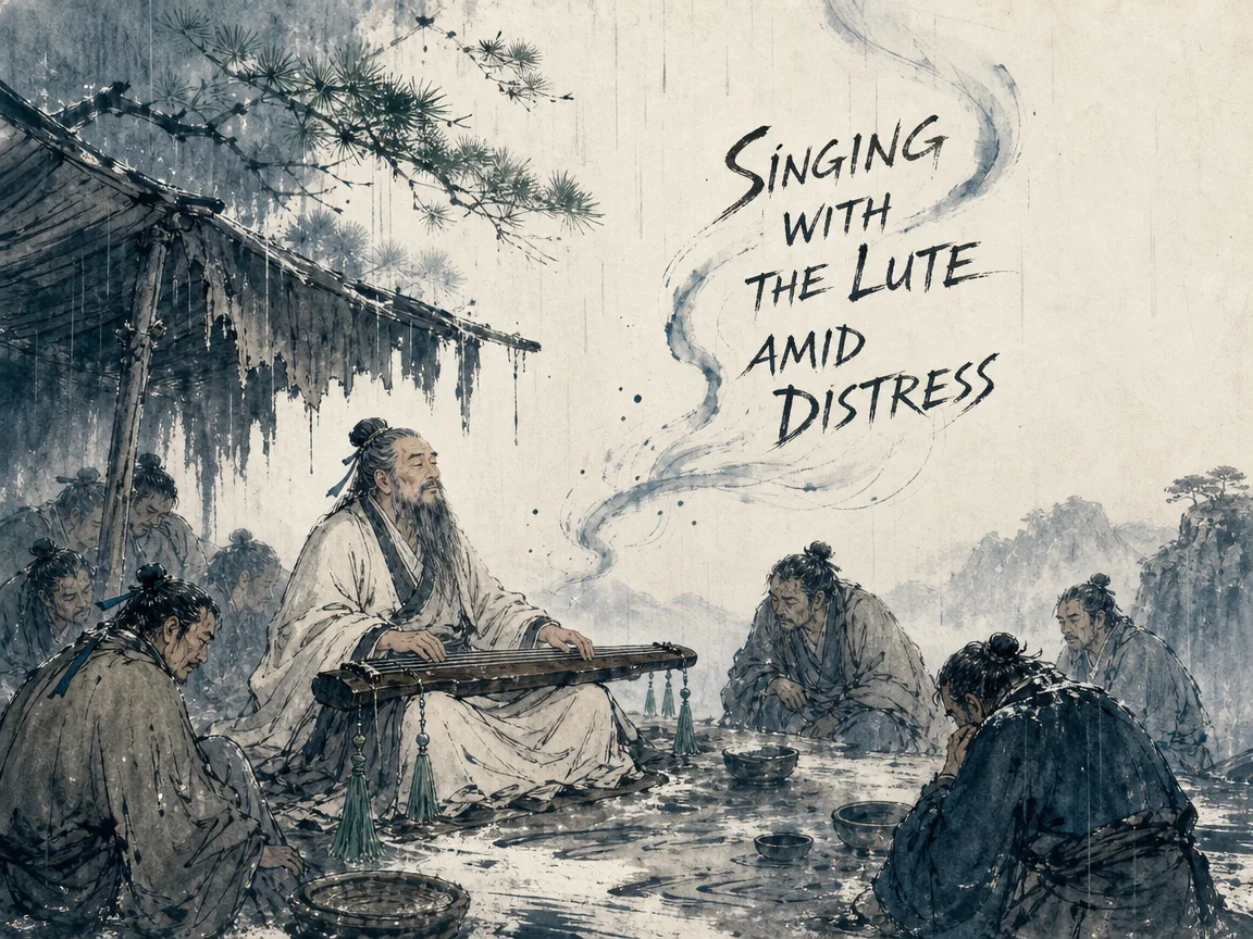 Confucius seated calmly under a ragged awning in the pouring rain surrounded by exhausted hungry disciples, serenely plucking the strings of an ancient wooden Guqin and singing timeless melodies, transcending worldly hardship with inner poise in contemporary literati Chinese ink cartoon style with Prussian blue ink wash, sage green accents, and Xuan paper negative space, illustrating singing with the lute amid distress, embodying 陈蔡绝粮七日无炊，子路忧愤，孔子却自顾抚琴清歌雅奏，'君子固穷，小人穷斯滥矣'，风雨困厄中自有天地君子浩然之气 on ChiDestiny