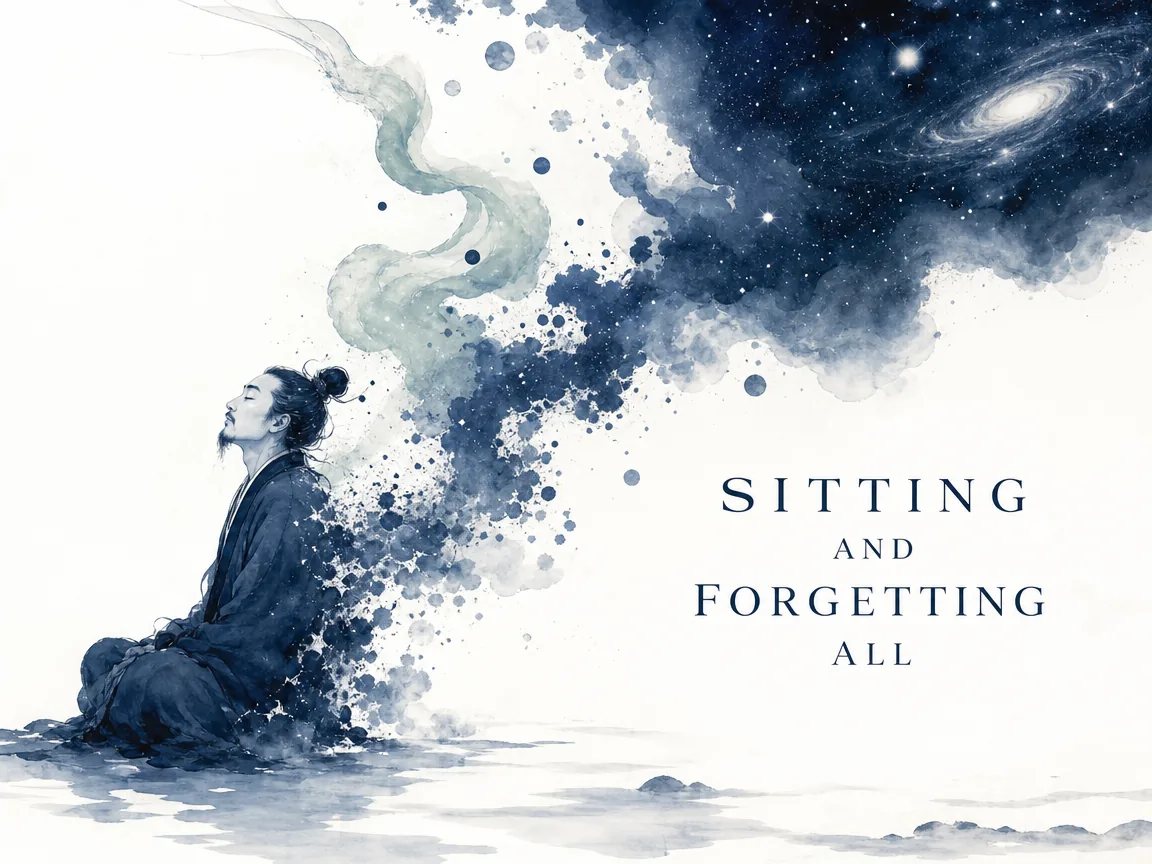 a serene disciple in deep meditative bliss slowly dissolving into open cosmic space, shedding all bodily attachments and intellectual cunning, entering supreme unity with the Great Pervader in contemporary literati Chinese ink cartoon style with Prussian blue ink wash, sage green accents, and Xuan paper negative space, illustrating sitting and forgetting all, embodying 颜回向孔子讲述'坐忘'：堕肢体、黜聪明、离形去知，与大通合同，整个人化入天地无际之光中 on ChiDestiny