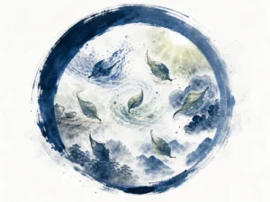 Wide Prussian blue circular ink brushstroke teacup rim enclosing six floating tea leaves resembling joyful fish amid mountain mist in monumental Enso-inspired circular literati ink composition in Prussian blue and lively sage green washes, illustrating six Chinese tea philosophies of natural harmony, showing how distinct fermentations mirror natural life cycles on ChiDestiny