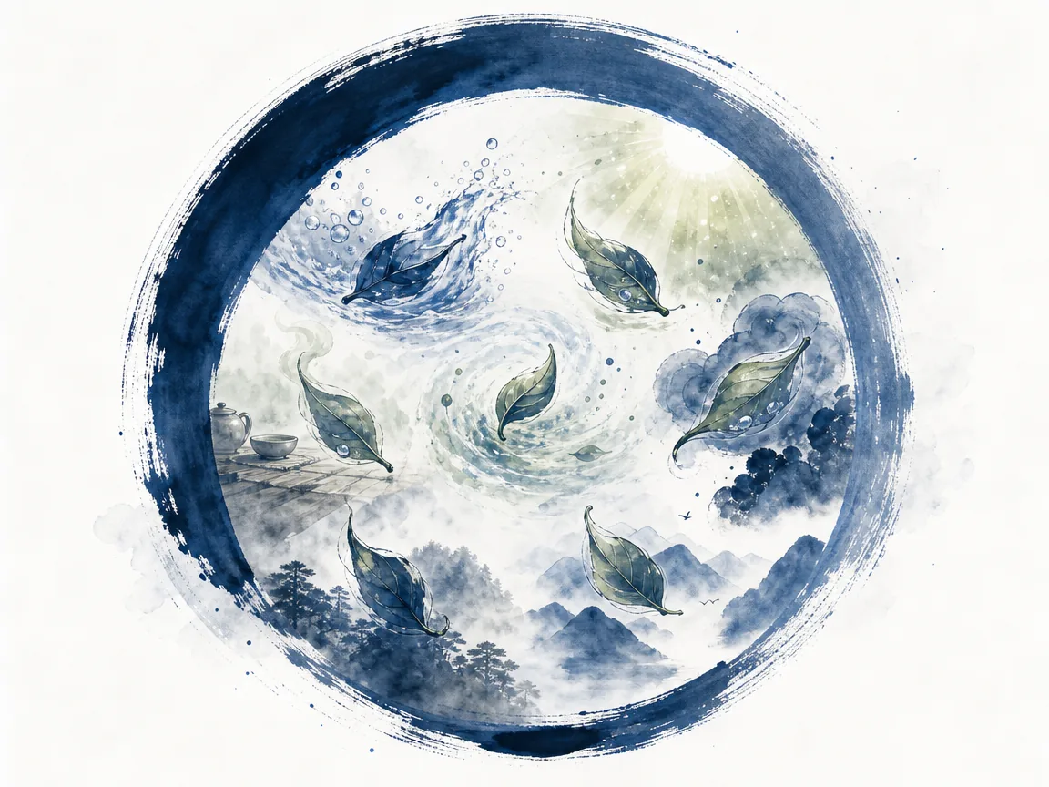 Wide Prussian blue circular ink brushstroke teacup rim enclosing six floating tea leaves resembling joyful fish amid mountain mist in monumental Enso-inspired circular literati ink composition in Prussian blue and lively sage green washes, illustrating six Chinese tea philosophies of natural harmony, showing how distinct fermentations mirror natural life cycles on ChiDestiny