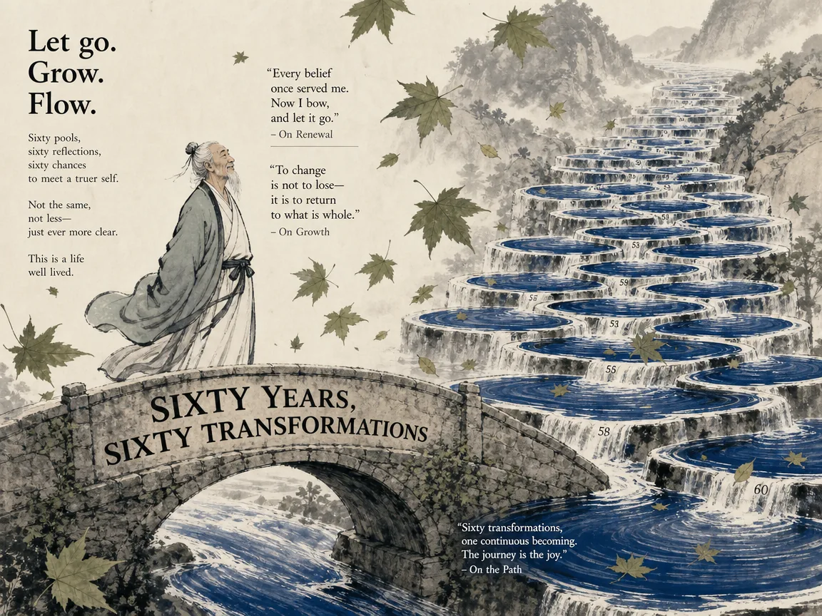 a dignified elder scholar looking into a cascade of sixty gentle rippling water pools, smiling as his outdated opinions shed away like autumn leaves, welcoming perpetual renewal and mental growth without stubborn dogmatism in contemporary literati Chinese ink cartoon style with Prussian blue ink wash, sage green accents, and Xuan paper negative space, illustrating sixty years, sixty transformations, embodying 行年六十而六十化：孔子在水边照见六十重岁月流光，每一岁都勇于否定旧见、吐故纳新，生动展现终身自我蜕变的生命活力 on ChiDestiny