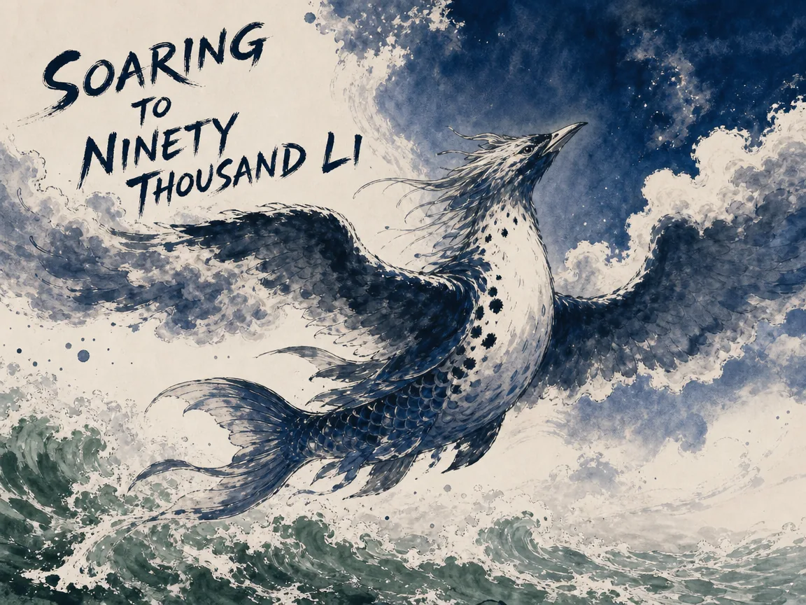 a gigantic cosmic Peng bird transformed from a deep ocean Kun fish, spreading vast wings that resemble hanging clouds across the open sky, soaring upward into ninety thousand li of cosmic blue in contemporary literati Chinese ink cartoon style with Prussian blue ink wash, sage green accents, and Xuan paper negative space, illustrating soaring to ninety thousand li, embodying 北冥巨鲲跃出深海，化为背负青天的大鹏鸟，扶摇直上九万里，翼若垂天之云 on ChiDestiny