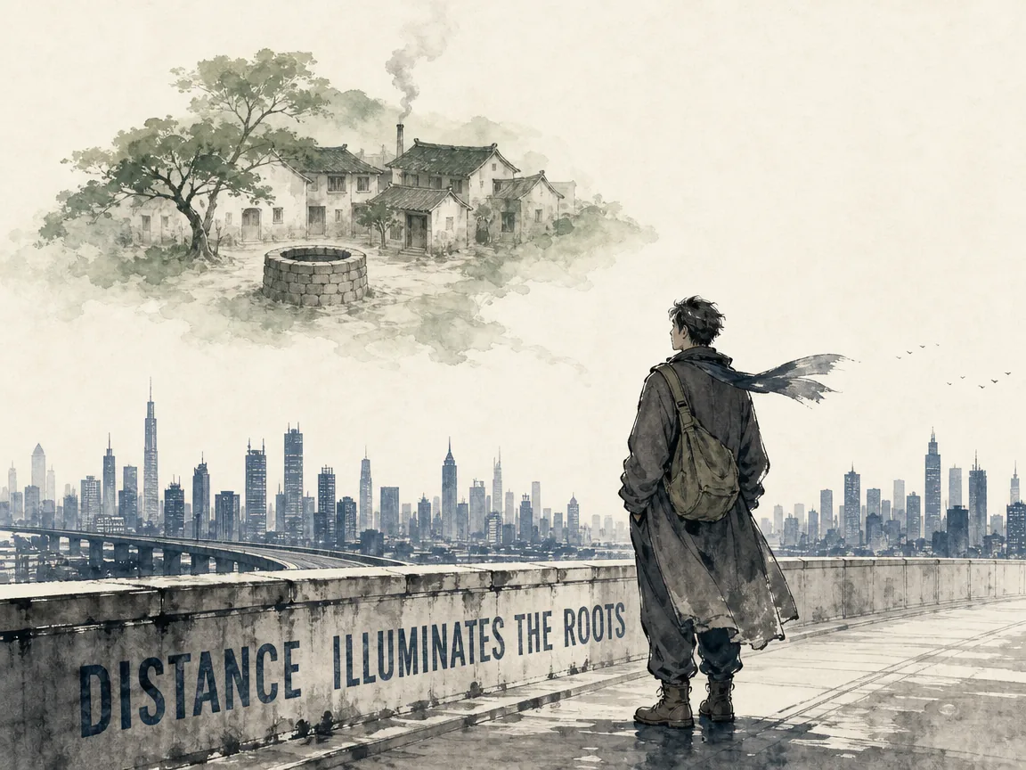 Solitary modern nomad standing on a high bridge overlooking a sprawling metropolis, looking back over his shoulder to see a transparent vision of his ancestral village stone well and smoky eaves floating warmly in his mind in Prussian blue skyline silhouettes, soothing sage green village roofs, and expansive rice paper negative space, illustrating distance illuminates the roots, showing how physical separation clarifies internal psychological belonging on ChiDestiny