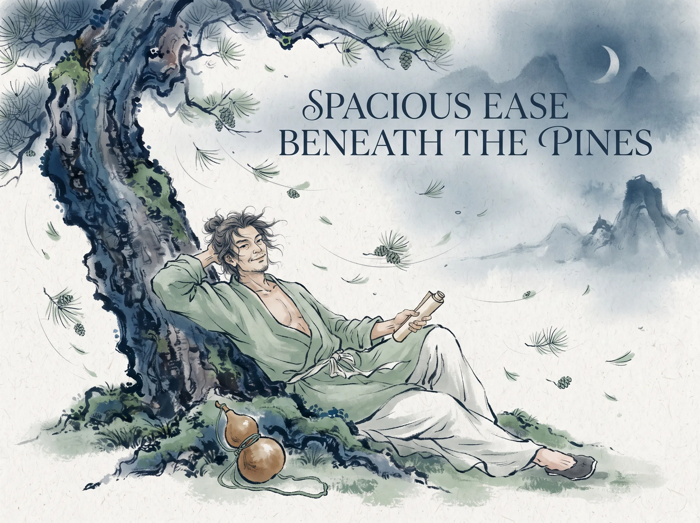 an ancient poet with untied hair and loose unbuttoned robe reclining lazily against the mossy trunk of a towering pine tree, a wine gourd resting nearby as pine needles drift down in the gentle breeze, deep Prussian blue pine bark and evening mist in contemporary literati Chinese ink wash in deep Prussian blue and sage green with ample Xuan paper negative space, illustrating spacious ease beneath the pines, embodying 魏晋与宋人文人的'萧散'风致：衣衫宽松、散发林下，倚松听风，既不避世也不卷入尘劳，在自适其志中展现开阔疏朗的精神格局 on ChiDestiny