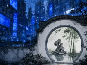 Quiet traditional courtyard lane shaded by weeping willow trees contrasting with sleek distant buildings in thoughtful architectural wash contrasting human-scale tiled eaves with distant monolithic silhouettes, illustrating classical Chinese spatial restraint and borrowed scenery (Jie Jing) soothing sensory overload on ChiDestiny