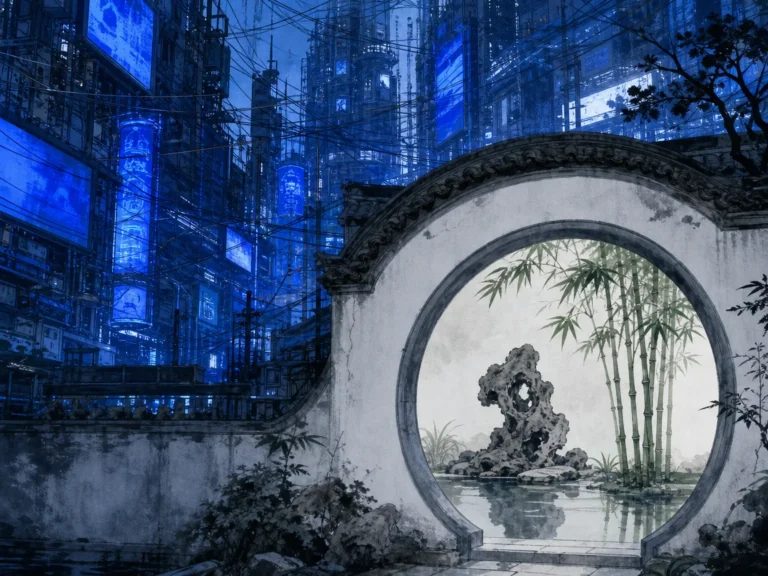 Quiet traditional courtyard lane shaded by weeping willow trees contrasting with sleek distant buildings in thoughtful architectural wash contrasting human-scale tiled eaves with distant monolithic silhouettes, illustrating classical Chinese spatial restraint and borrowed scenery (Jie Jing) soothing sensory overload on ChiDestiny