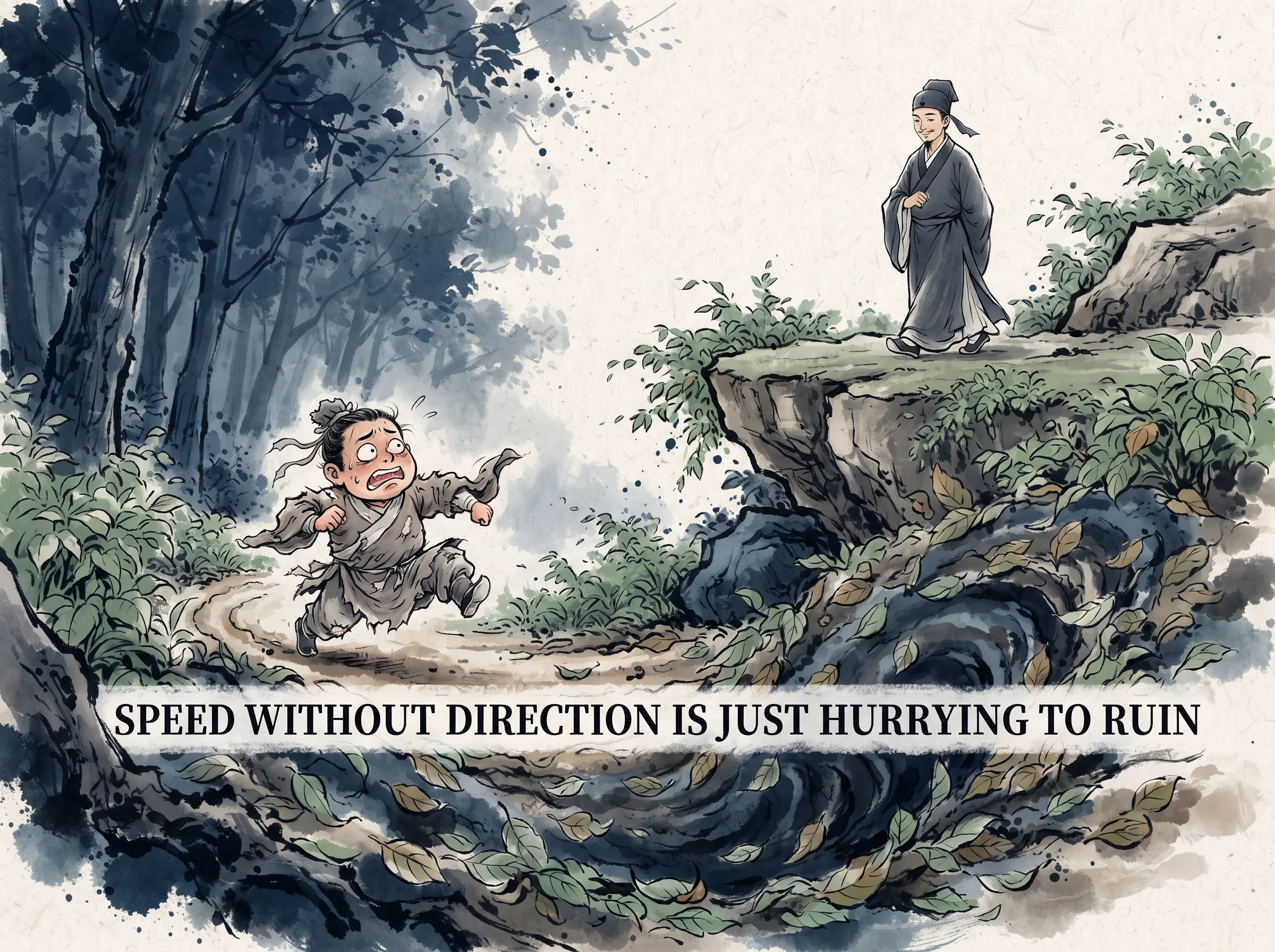 a comical, breathless runner dashing at full speed straight toward a camouflaged pitfall covered in loose leaves, while an observant strategist walks at a leisurely pace along the sturdy high ridge above in contemporary literati Chinese ink cartoon style with Prussian blue ink wash, sage green accents, and Xuan paper negative space, illustrating speed without direction is just hurrying to ruin, embodying 盲目抢快的误区：快不等于主动，若在错误的棋盘上争先恐后，跑得越快只是越快掉入深坑；真正的主动是掌控规则与节奏 on ChiDestiny