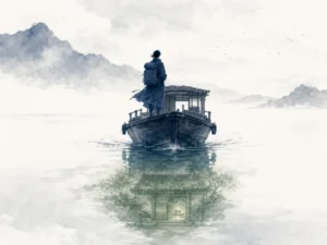 Solitary wanderer with travel pack standing on the bow of a ferry boat seeing glowing thatched eaves reflected in the water ripples in poetic sentimental water wash contrasting open unknown voyages with luminous internal home memories, illustrating discovering authentic rootedness by leaving home, carrying cultural soil as an internal sanctuary on ChiDestiny