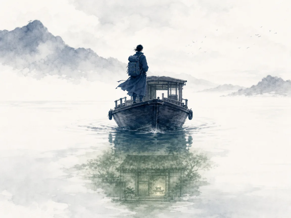Solitary wanderer with travel pack standing on the bow of a ferry boat seeing glowing thatched eaves reflected in the water ripples in poetic sentimental water wash contrasting open unknown voyages with luminous internal home memories, illustrating discovering authentic rootedness by leaving home, carrying cultural soil as an internal sanctuary on ChiDestiny