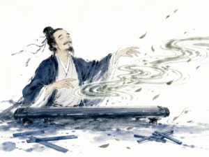 Master artisan with closed eyes and serene smile intuitively guiding wood shavings and water ripples without measuring calipers in breezy literati ink composition celebrating unforced craft flow and discarded rigid measuring tools, illustrating Huajing (the Realm of Transformation), achieving supreme effortless mastery when conscious calculation dissolves on ChiDestiny