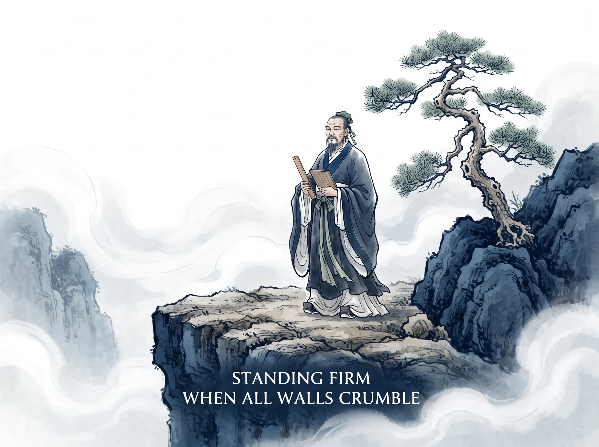 a solitary dignified Confucian scholar standing straight like a mountain pine on a rocky cliff against sweeping fog, holding a wooden ruler and tablet with steadfast calm, deep Prussian blue sheer rock faces and billowing fog in contemporary literati Chinese ink wash in deep Prussian blue and sage green with ample Xuan paper negative space, illustrating standing firm when all walls crumble, embodying 儒家面对阻力时的坚守：知其不可而为之，以中正忠义与内生良知为锚，不求外部速成，唯求此心光明无愧天地 on ChiDestiny
