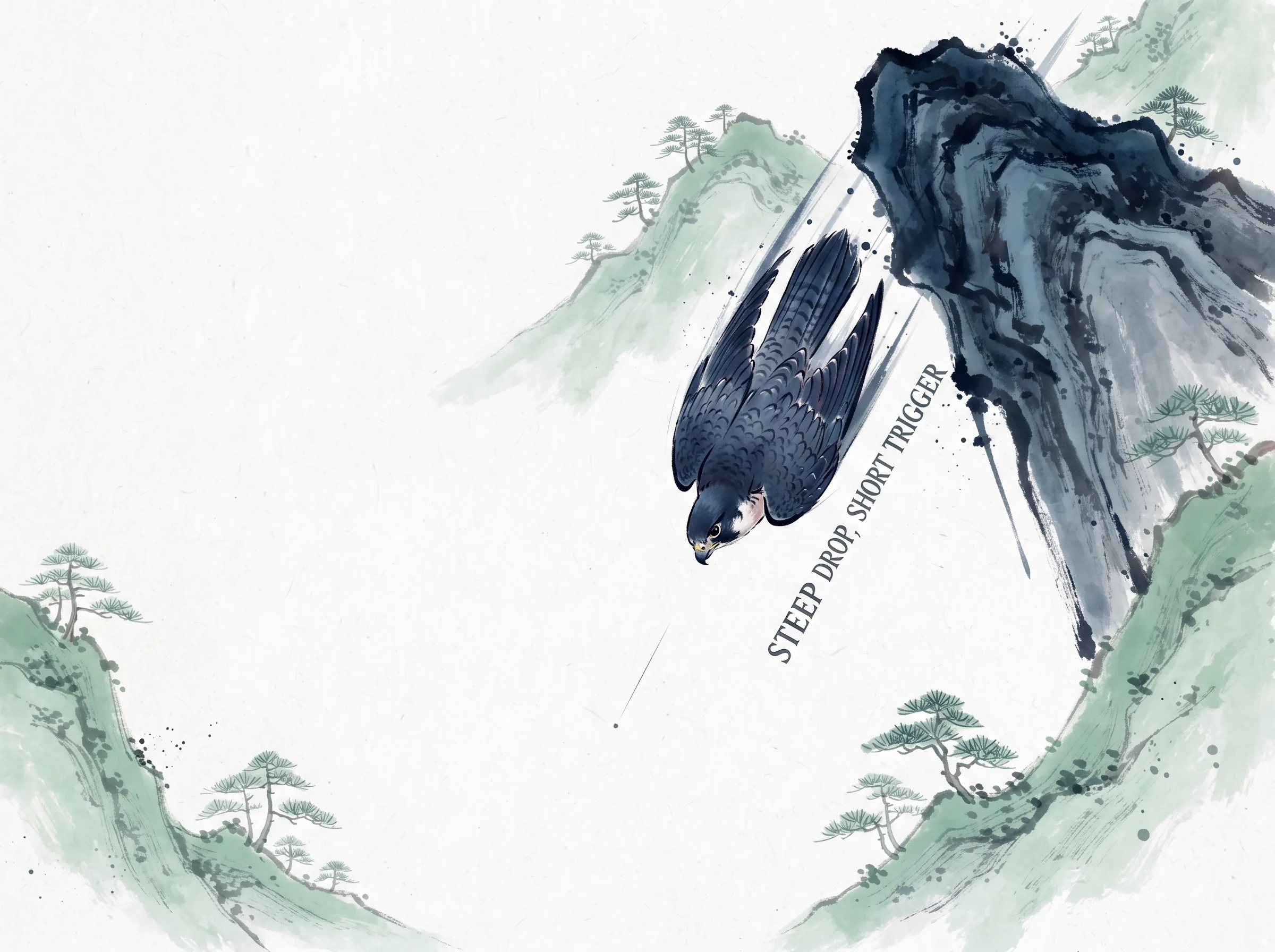 magnificent hunting falcon diving at blinding speed with tucked wings from a dizzying mountain crag toward a single point, kinetic energy coiled ready for instant impact, deep Prussian blue falcon feathers and rocky cliff shadows in contemporary literati Chinese ink cartoon style with Prussian blue ink wash, sage green accents, and Xuan paper negative space, illustrating steep drop, short trigger, embodying 孙子'如激水之疾，至于漂石者，势也；鸷鸟之疾，至于毁折者，节也'：猎鹰于高空收敛双翼俯冲雷霆一击，势险节短 on ChiDestiny