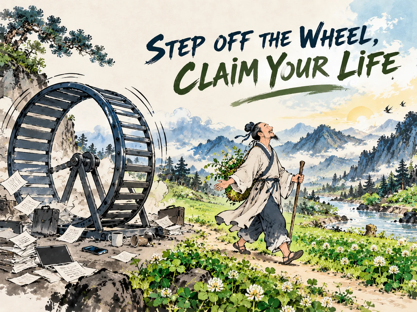 allegorical modern fable, a comical exhausted treadmill wheel left spinning empty on the floor, while a liberated human soul strolls happily through unpaved wild clover fields breathing the crisp mountain wind in contemporary literati Chinese ink wash in deep Prussian blue and sage green with ample Xuan paper negative space, illustrating step off the wheel, claim your life, embodying 现代跑步机上奔波不息的仓鼠终于跳下转轮，来到开满野花的大地上舒展四肢，暗喻停下盲目内卷才是找回生命的开端 on ChiDestiny