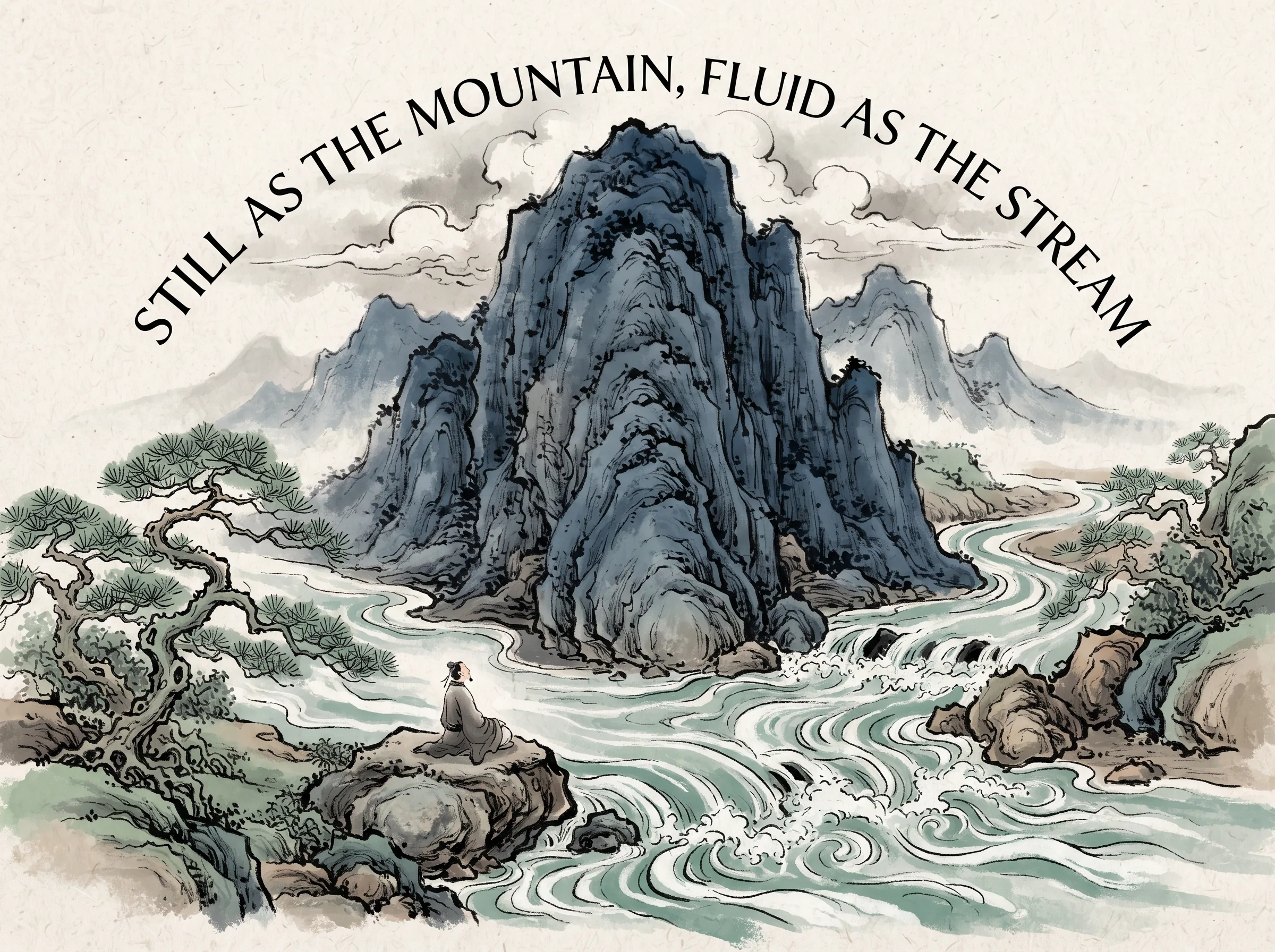 majestic composition of a grand ancient mountain peak rising steadily into heaven while a pristine rushing river wraps gently around its base, a tiny traveler resting on a boulder at the water's edge in deep communion with nature, deep Prussian blue massive rock walls in contemporary literati Chinese ink wash in deep Prussian blue and sage green with ample Xuan paper negative space, illustrating still as the mountain, fluid as the stream, embodying 仁者乐山，智者乐水：山岳静止巍峨象征坚守与不动心，江河蜿蜒流淌象征通达与顺势而变，山水互参构建起圆融的生命哲学 on ChiDestiny