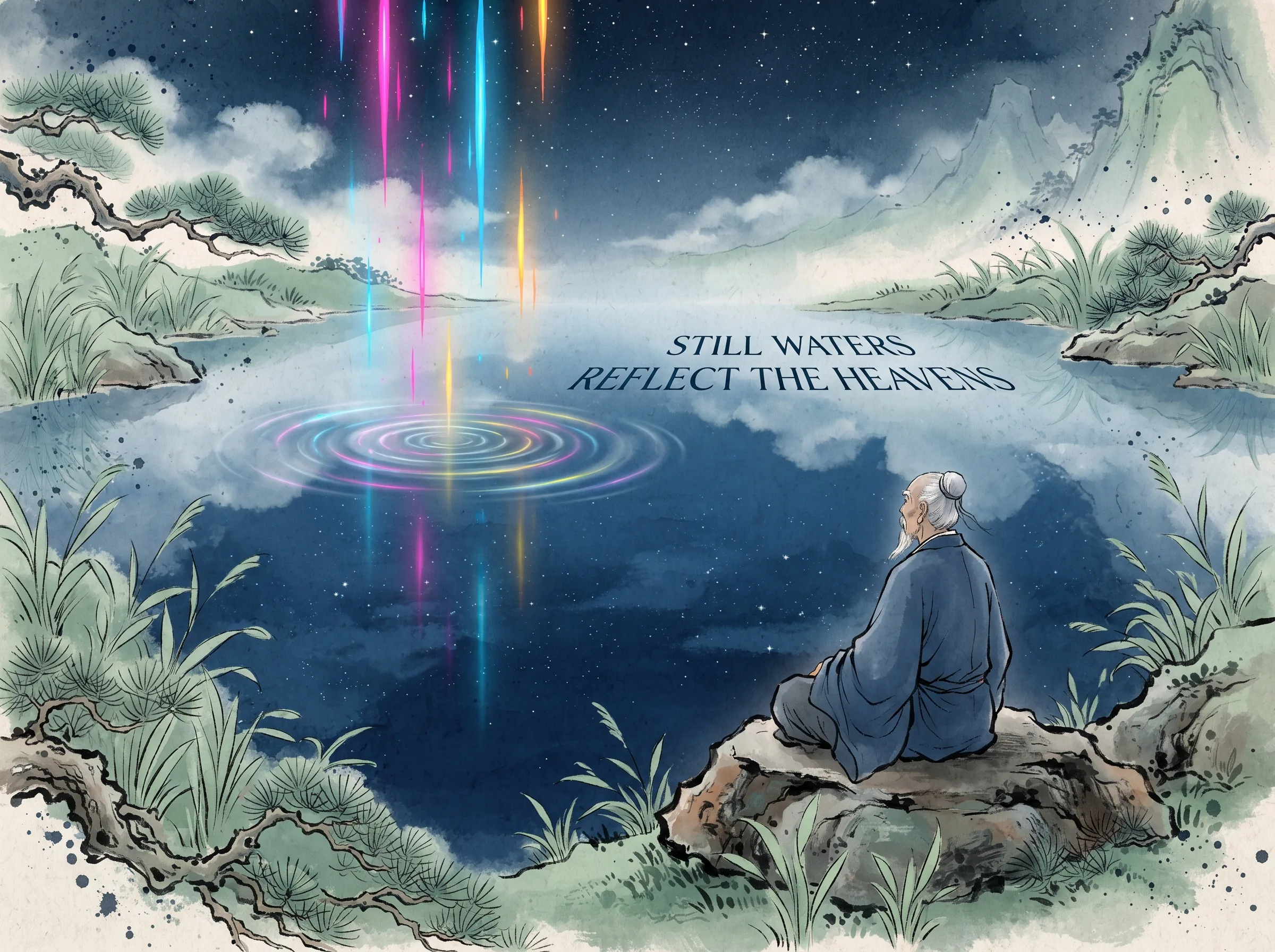 vibrant noisy neon color streaks dissolving gently as they touch the glassy surface of a deep, still mountain pool where an ancient philosopher sits quietly, the water reflecting clouds and stars with pristine clarity in contemporary literati Chinese ink wash in deep Prussian blue and sage green with ample Xuan paper negative space, illustrating still waters reflect the heavens, embodying 繁复堆叠的感官轰炸与道家静谧减法对比：绚烂刺目的霓虹色彩在静水深潭前自然消褪，留下一方能映照天光云影的澄澈心镜 on ChiDestiny