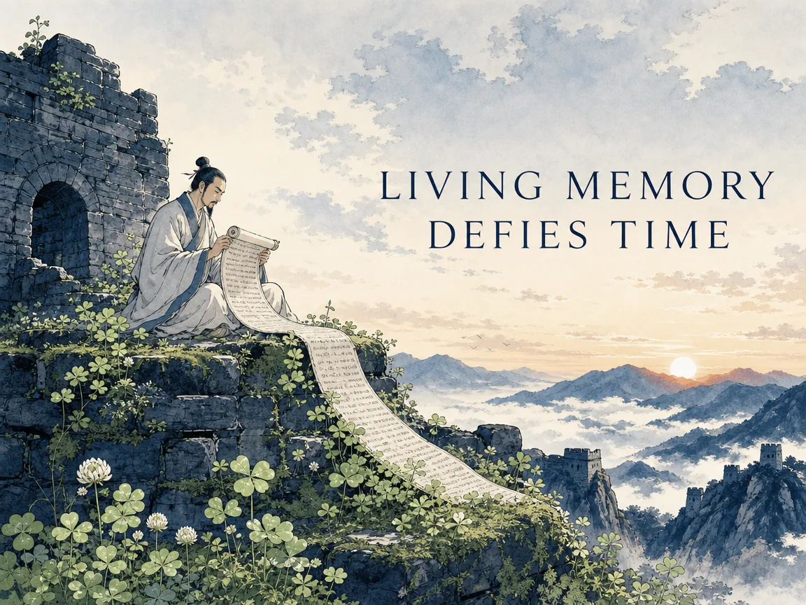 Ancient stone mountain rampart softly entwined with fresh spring moss and clover, with a scholar reading an unbroken lineage scroll in the warm sunrise in deep Prussian blue stone textures, vibrant sage green wild clover, and vast open morning sky, illustrating living memory defying time, showing that enduring resilience resides in active ethical transmission rather than dead stone monuments on ChiDestiny